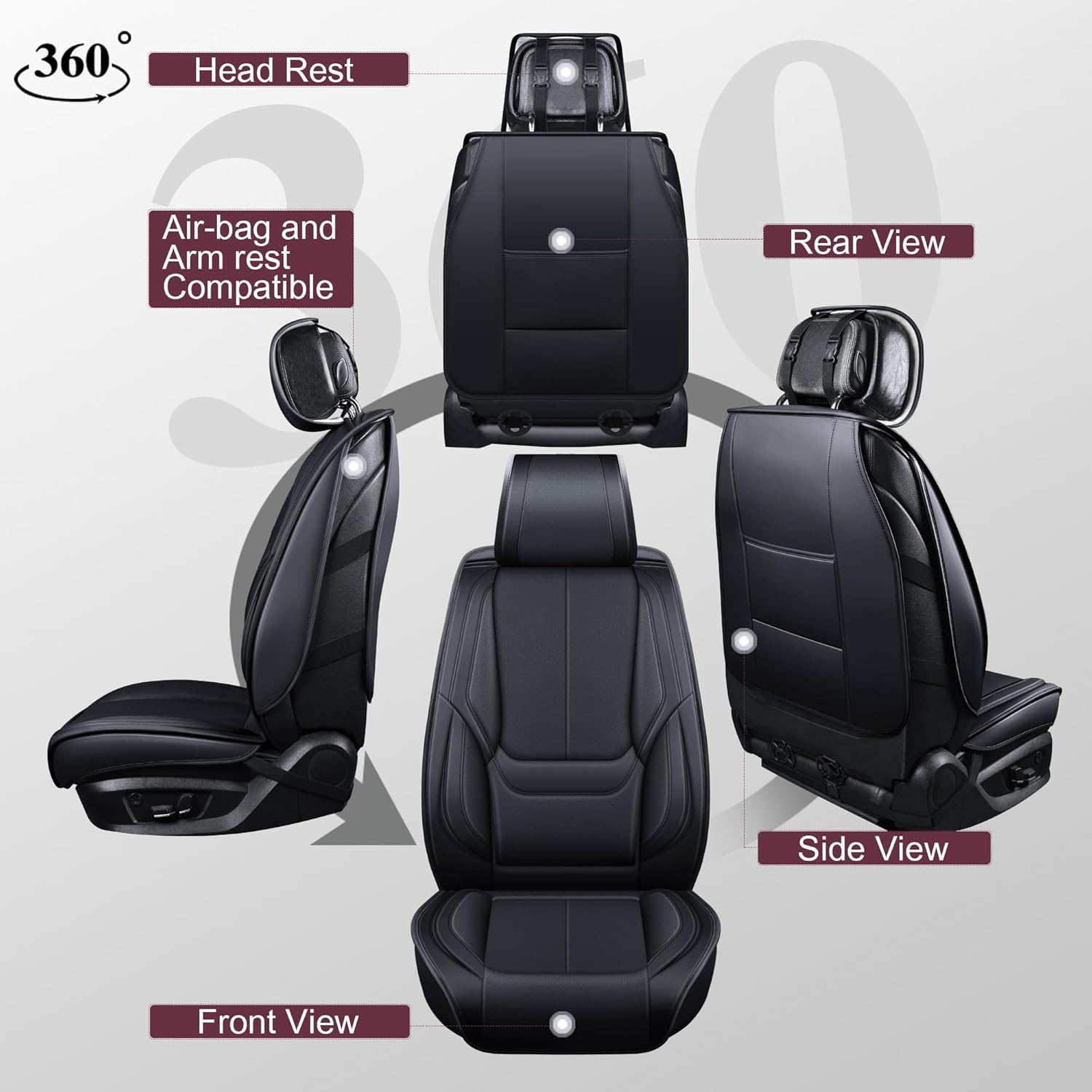 Seat Covers Full Set, Black Seat Covers for Cars 5 Seats, Car Seat Protector, Waterproof Faux Leather Car Seat Cushion, Front and Rear Car Seat Cover Fit for Most Sedans SUV Pick-up Truck (Black)