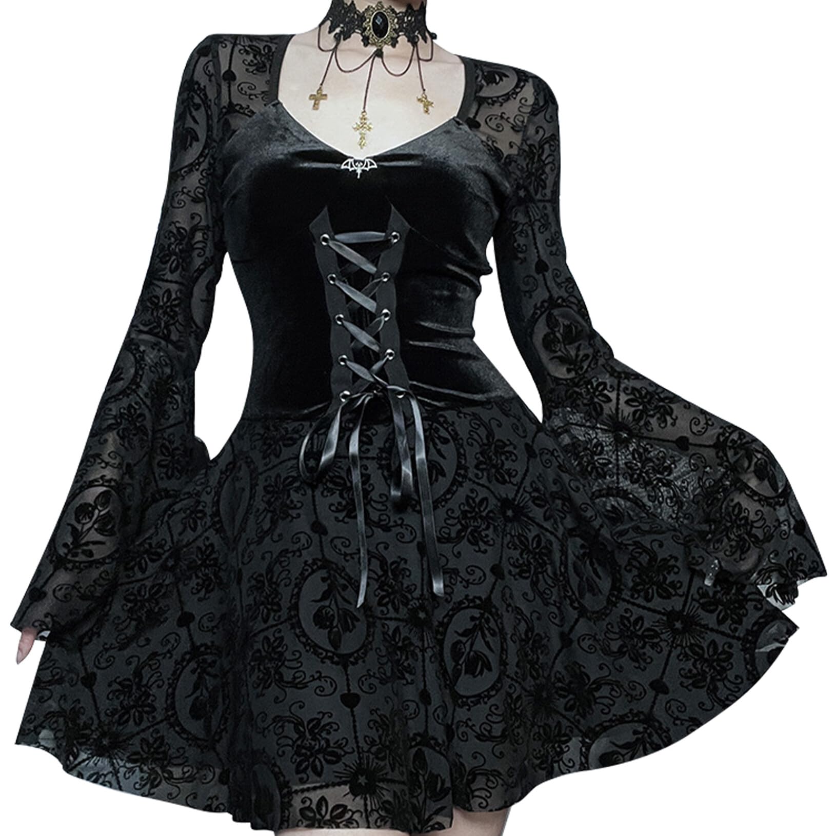 Maeau - Vestito Gotico Donna Retro Nero Steampunk Abito Vintage Pizzo Vestito A-Line Maxi Elegante Maniche Lunghe