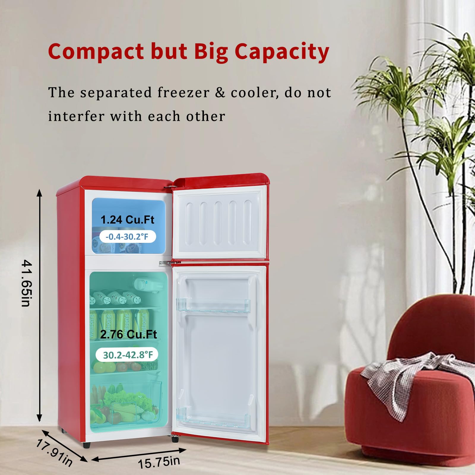 Fridge with Freezer Retro Mini Red 4.0 Cu.ft Compact Refrigerator Small for Bedroom, Office, Dorm, RV, Apartment with Adjustable Mechanical Thermostat 2-Door Design on Fridge.com