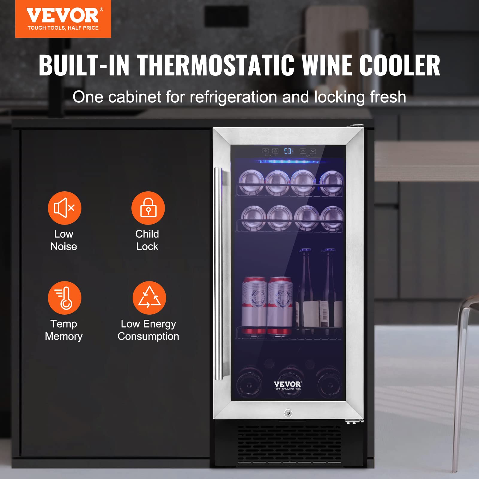 VEVOR 15” Beverage Refrigerator, 96 Cans Under Counter Built-in or Freestanding Beer Fridge, Blue LED Light, Adjustable Shelves, Child Lock, ETL on Fridge.com