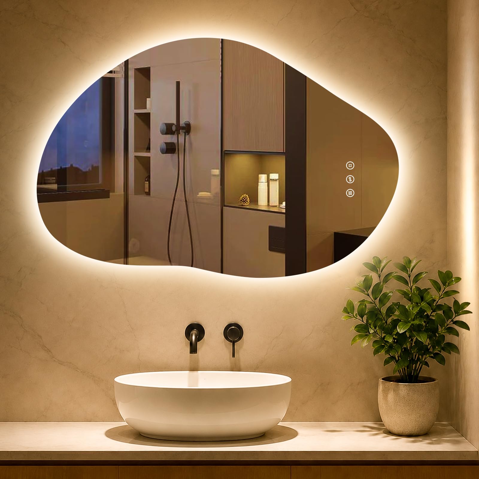 Spiegel mit Beleuchtung Asymmetrischer, LED Badspiegel mit Touch-Schalter, 3 Lichtfarbe, Dimmbar, Beschlagfrei Badezimmerspiegel mit Beleuchtung 80x 53cm