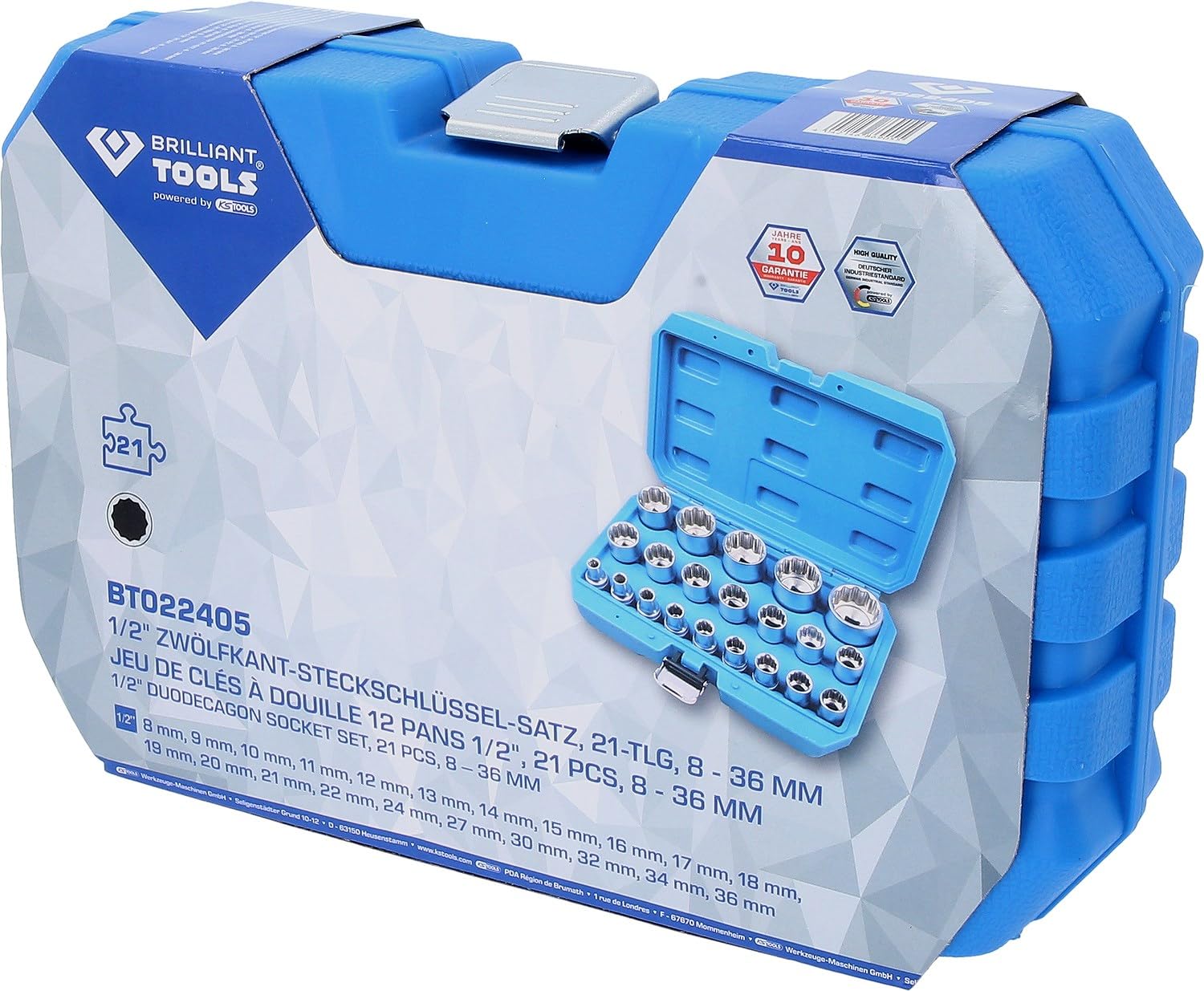 BRILLIANT TOOLS BT022405 Juego de llaves de vaso 1/2", doce cantos, cortas, 21 pzs, 8 - 36 mm [Powered by KS TOOLS]