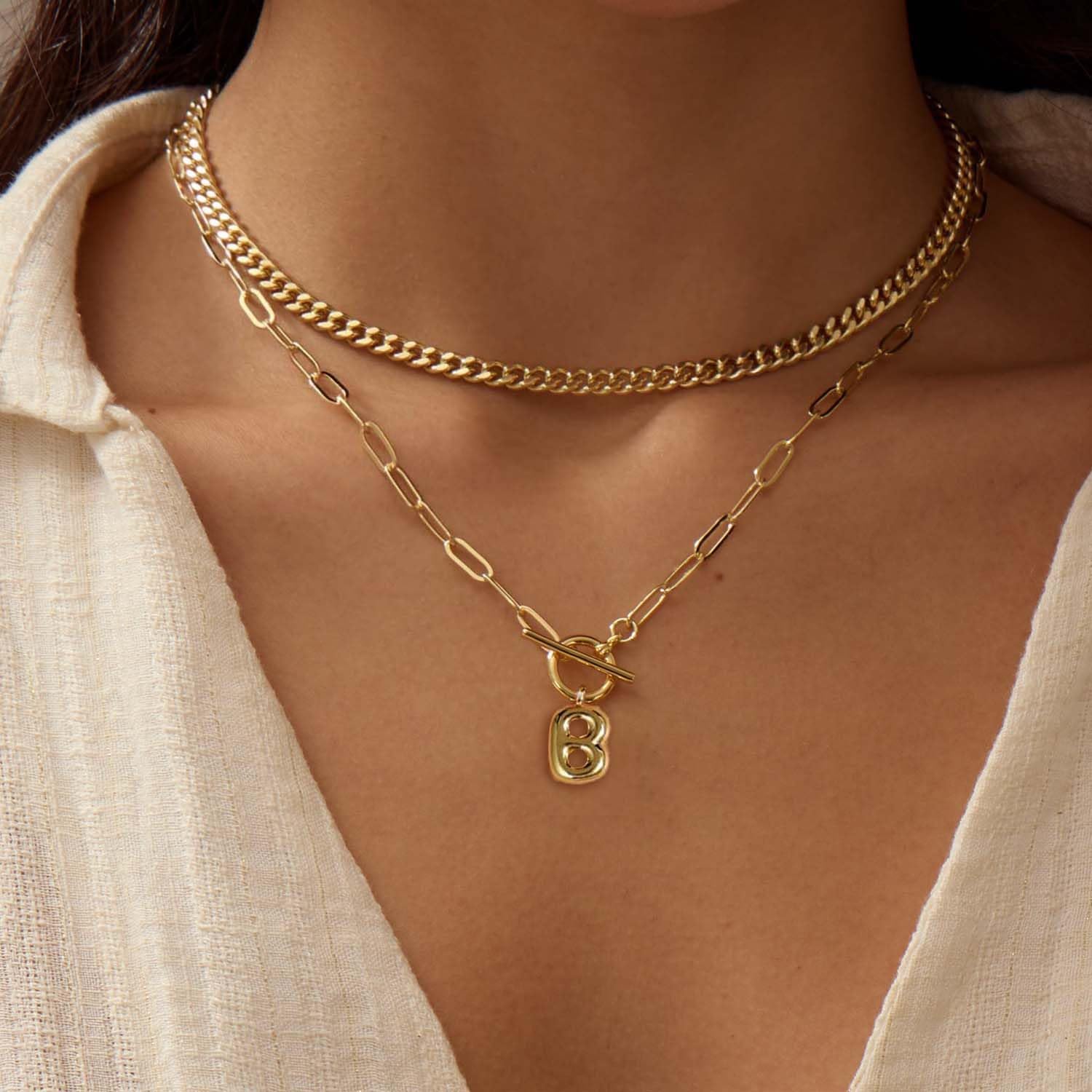 Bubble Gold Letter Necklace Layered Initial Necklaces for Women Dainty Cuban Chain Choker Necklace 14K Gold Plated Letter Necklace Personalized Name Necklace Cute Jewelry Gifts - Image 2