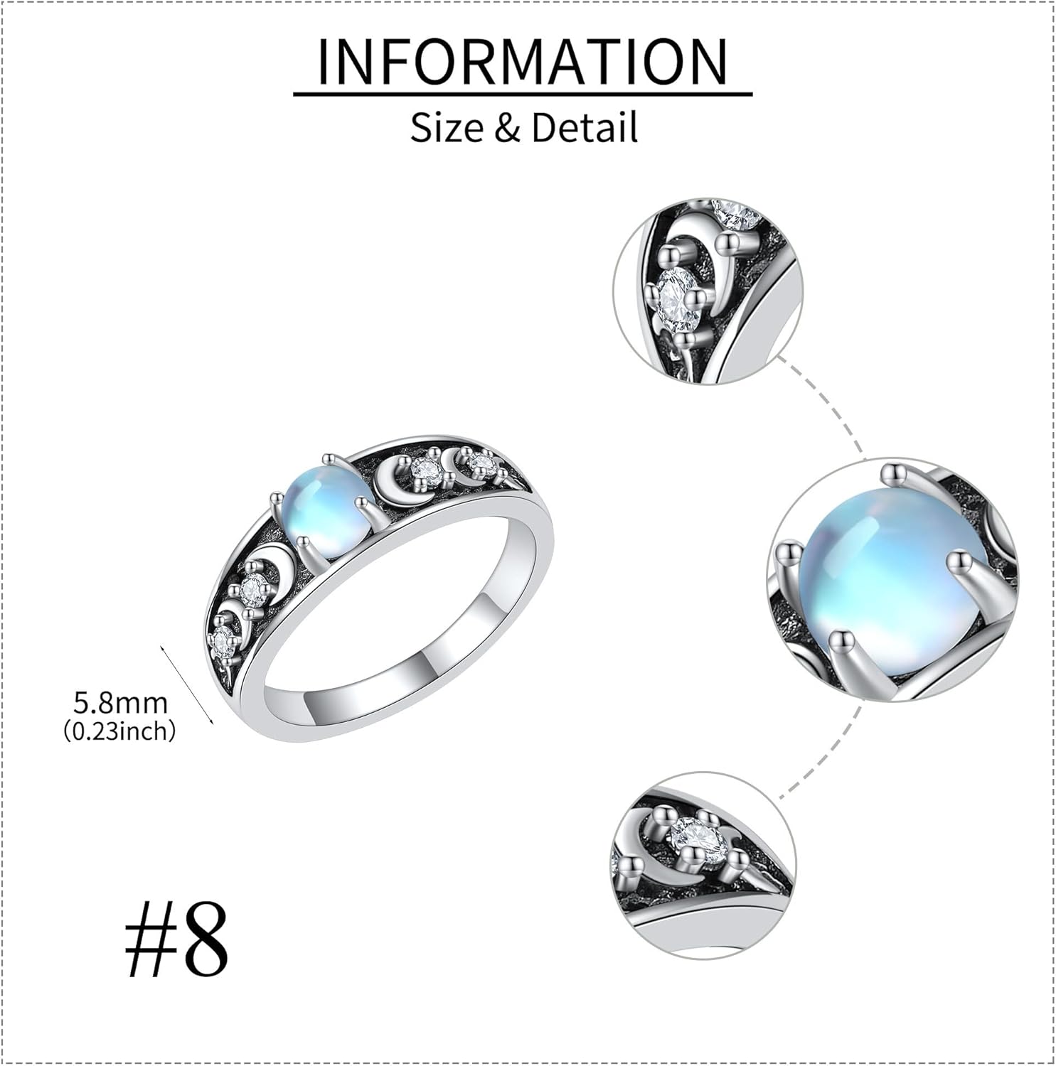 ONEFINITY Moon Phase Ring 925 Sterling Silver Moonstone Ring Geometric Crescent Moon Anniversary Jewelry Mothers Gifts for Women Mom Grandma Moon Phase Lover - Image 3