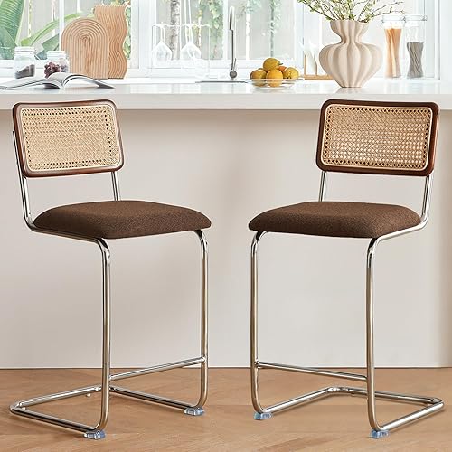 Natural Rattan Counter Height Stools Set of 2 with Solid Wood Back, 24 Inch Mid Century Modern Cesca Bar Stools, Brown Upholstery Boho Stool for Kitchen Counter with Chrome Metal Legs