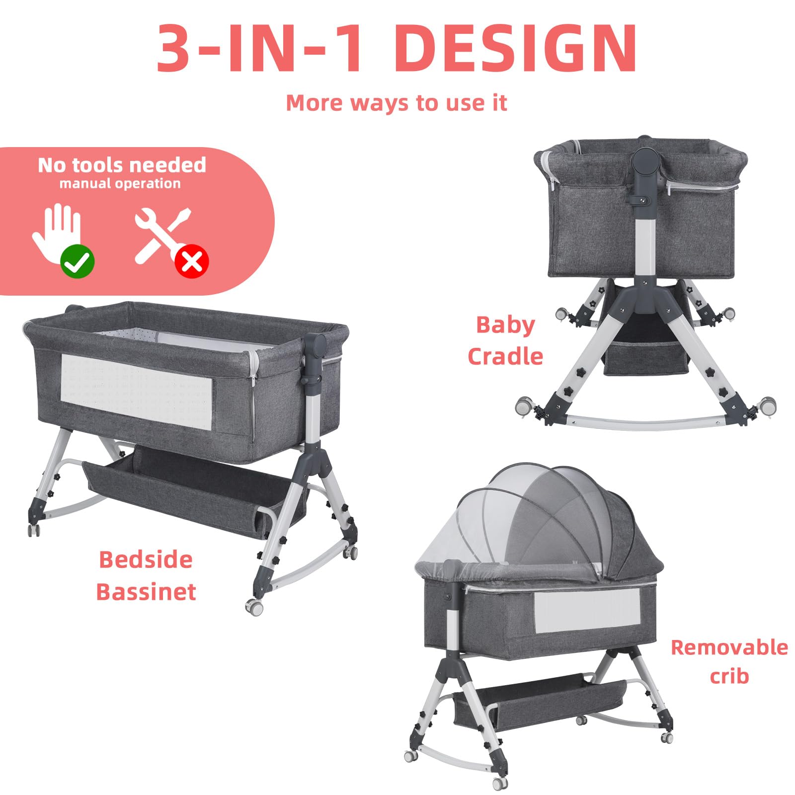 Lit Bébé Cododo Berceau avec Matelas, Mode Bascule pour Bercer, Côté Repliable, Hauteur Réglable, Fenêtres en Filet, 4 Roues, 0-24 Mois (Gris Clair)