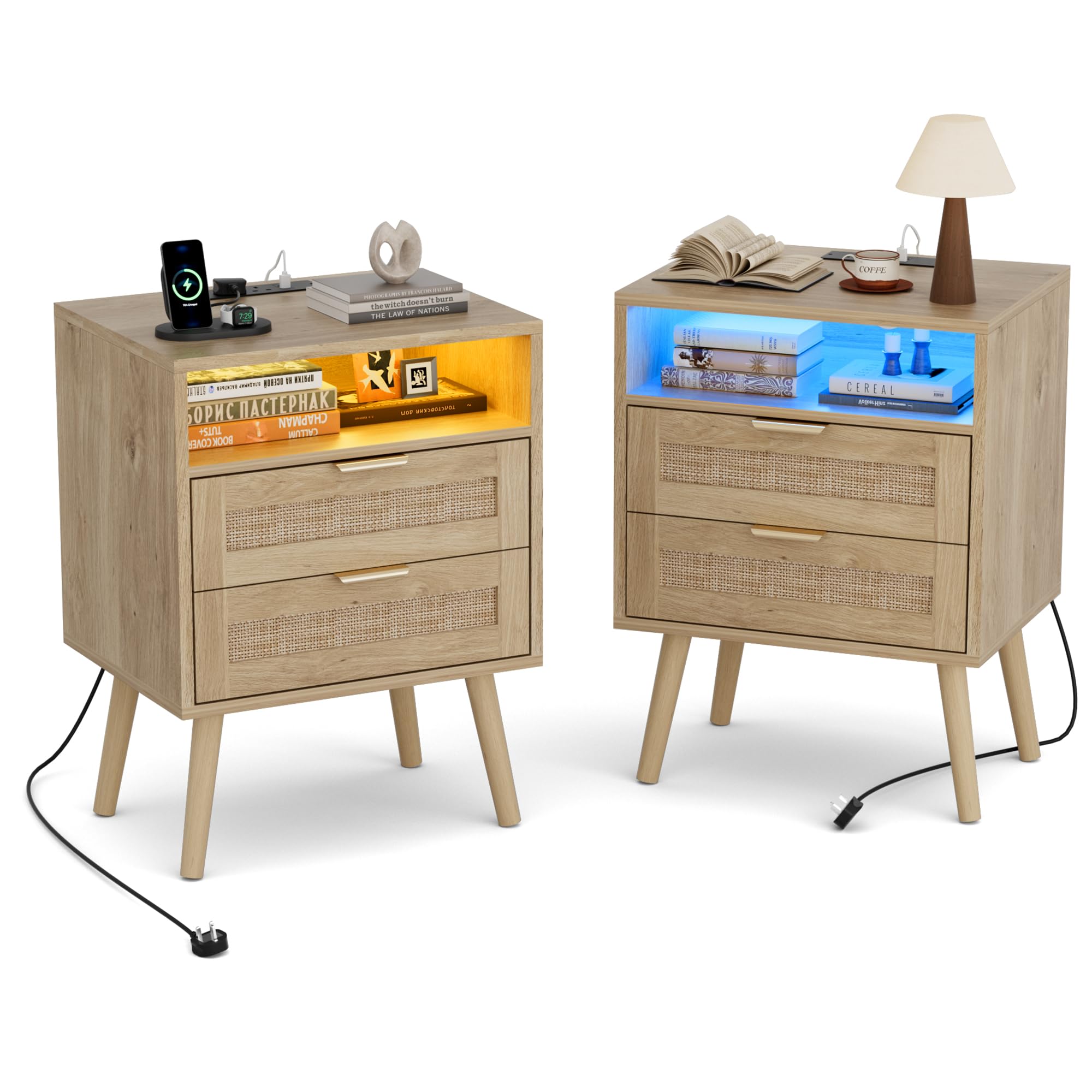 BonVache Rattan Bedside Tables Set of 2, Nightstand with Charging Station and LED Lights, Bedside table with 2 wicker drawers and Open Shelf, Solid Wood Legs, Bed side table for Bedroom, Living Room