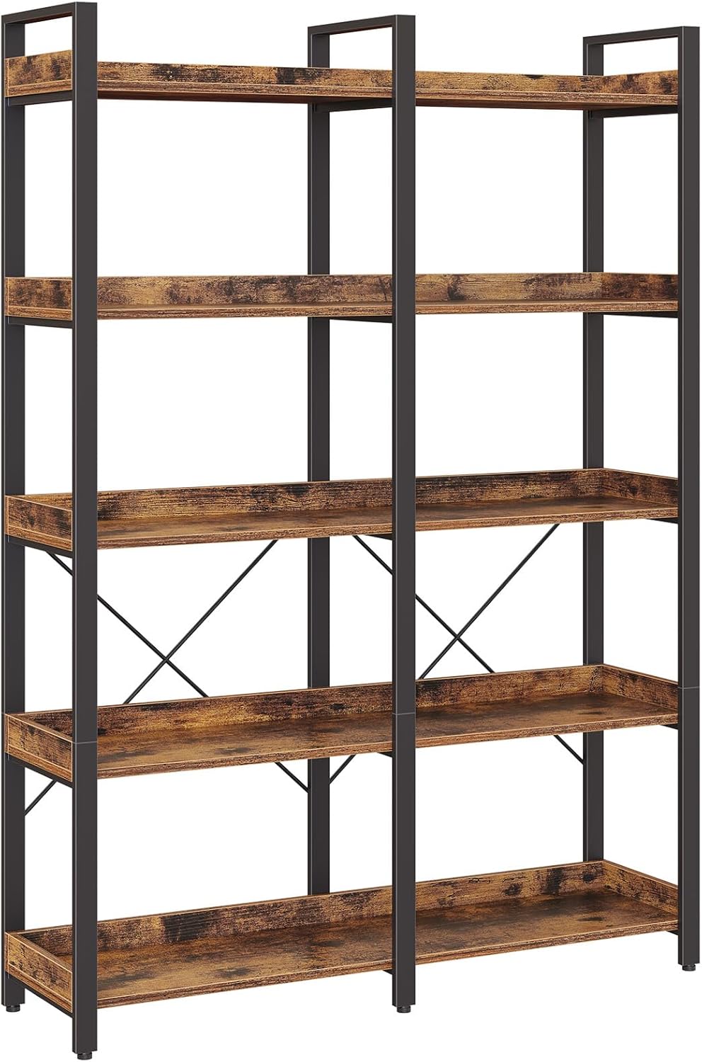 Seventable Bookshelf 5 Tier with 4 Hooks, 63” Industrial Wooden Bookcase, Vintage Storage Rack with Open Shelves, Rustic Standing Bookshelves Metal Frame 43.3” Wide Display Rack, Rustic Brown