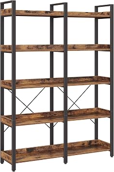 Seventable Bookshelf 5 Tier with 4 Hooks, 63 Industrial Wooden Bookcase, Vintage Storage Rack with Open Shelves, Rustic Standing Bookshelves Metal Frame 43.3 Wide Display Rack, Rustic Brown