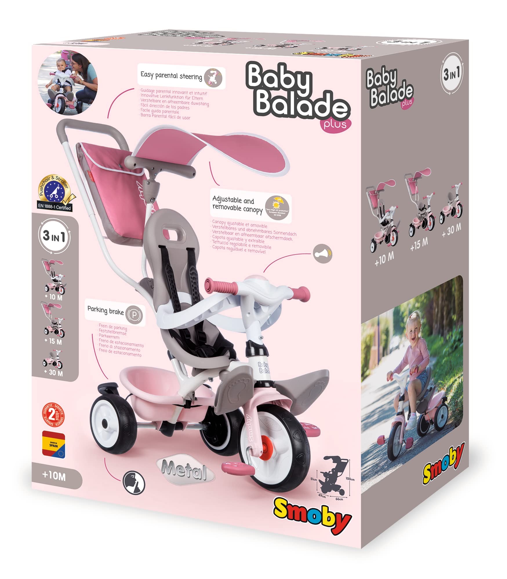 Smoby - Triciclo Baby Balade Rosa, 7600741401, + 10 Mesi, Evolutivo, Guida Parentale, Ruote Silenziose, con Cinture di Sicurezza