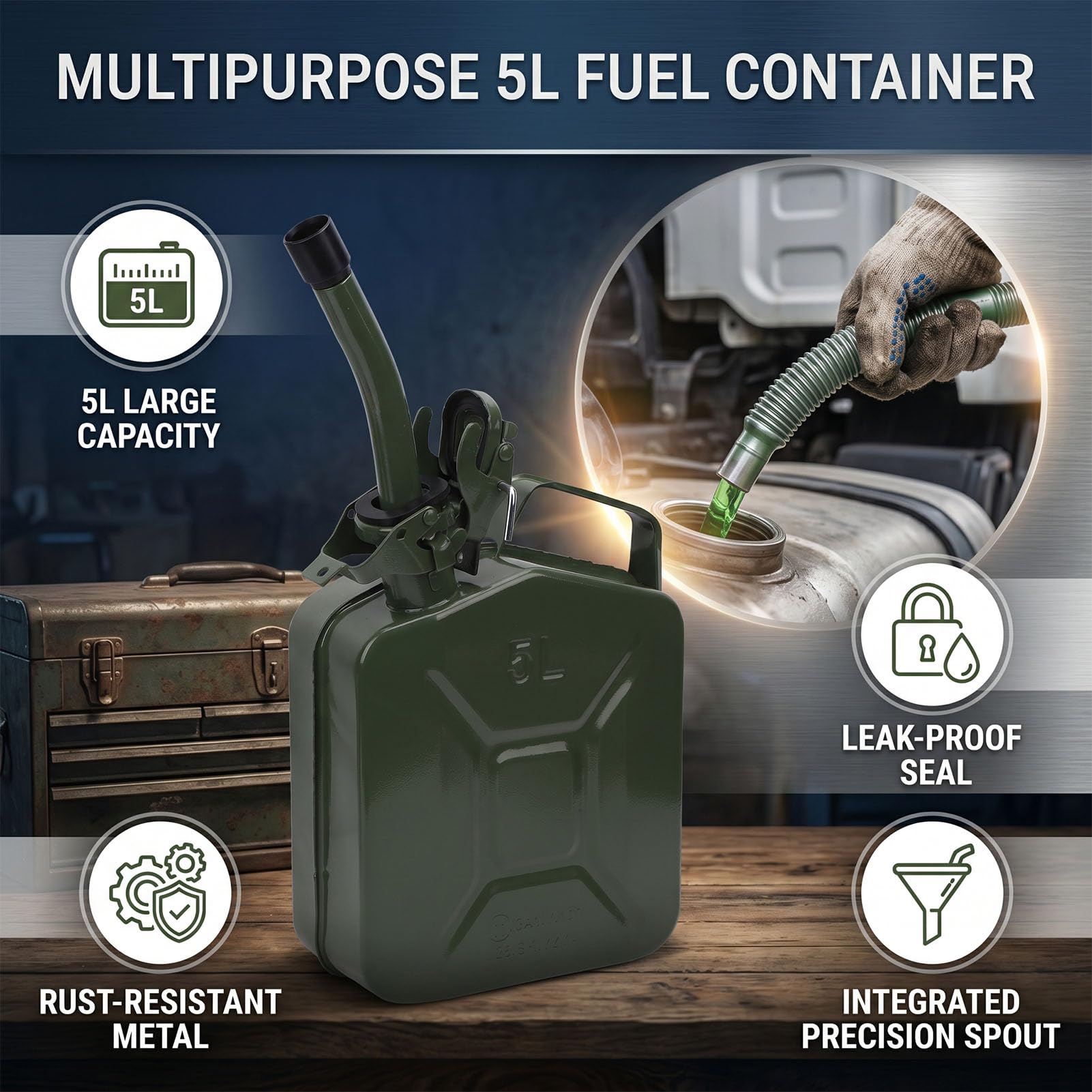 Fockety Tanica di Metallo da 5L per Carburante con Beccuccio, Contenitore | Contenitore per olio in metallo per camion, caraffa per gas anti-fuoriuscita, tanica per benzina, tanica per carburante di
