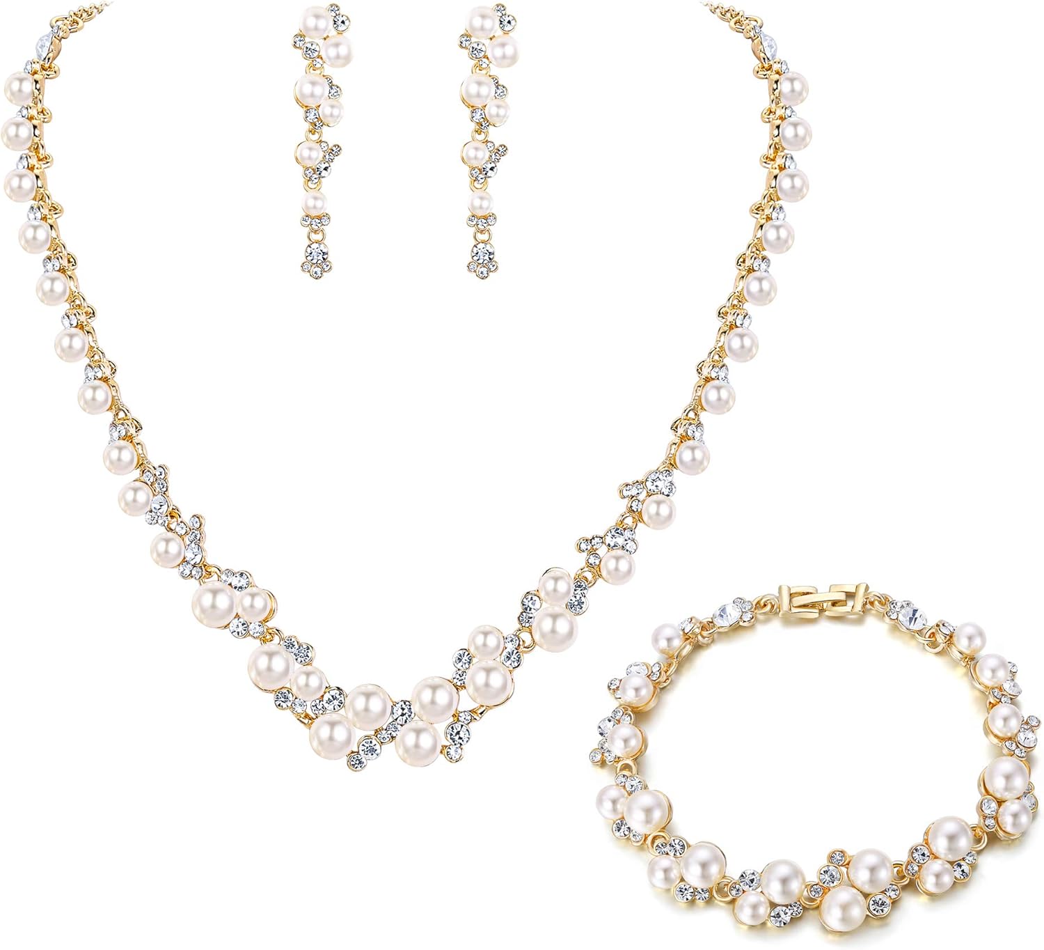 EVER FAITH Simulated Pearl Crystal Bridal Necklace Earrings Bracelet Set Clear