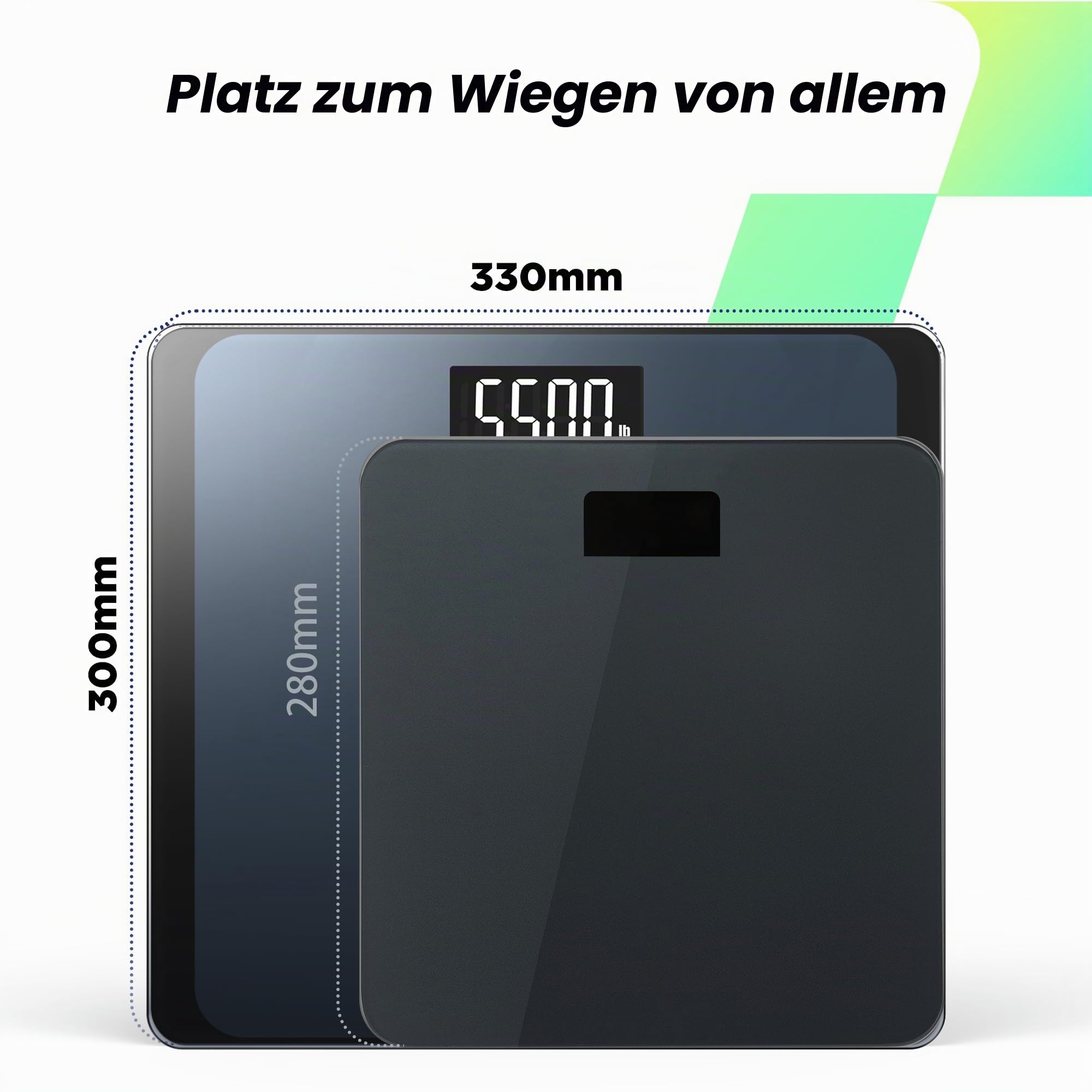 RunStar Digitale Personenwaage, Tragkraft bis 250 kg, 8 mm Sicherheitsglas, hochpräzise Sensoren, mit extragroßer Trittfläche und großem LCD-Display, Step-on-Technologie, Blau-Schwarz