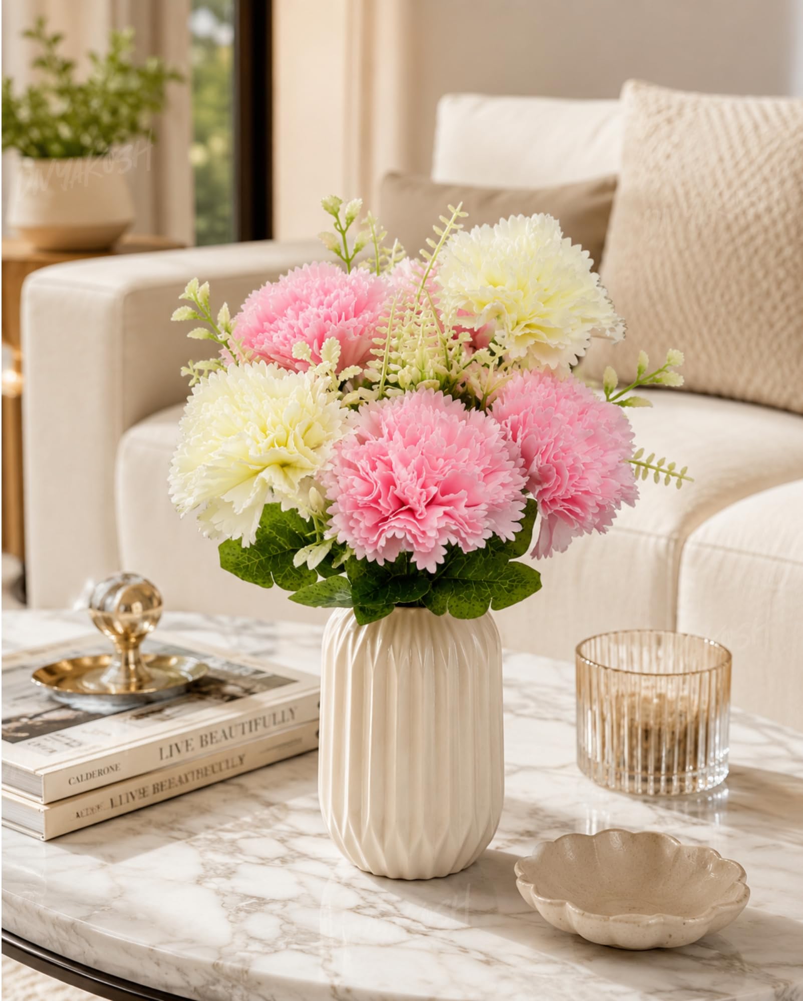 Divyakosh Artificial Flowers Bunch (Vase Not Included), Pink & White Carnation Bouquet - 7 Flower Heads, Artificial Flower for Vase, Flower Bouquet Gift for Living Room,Table Office, Centerpiece