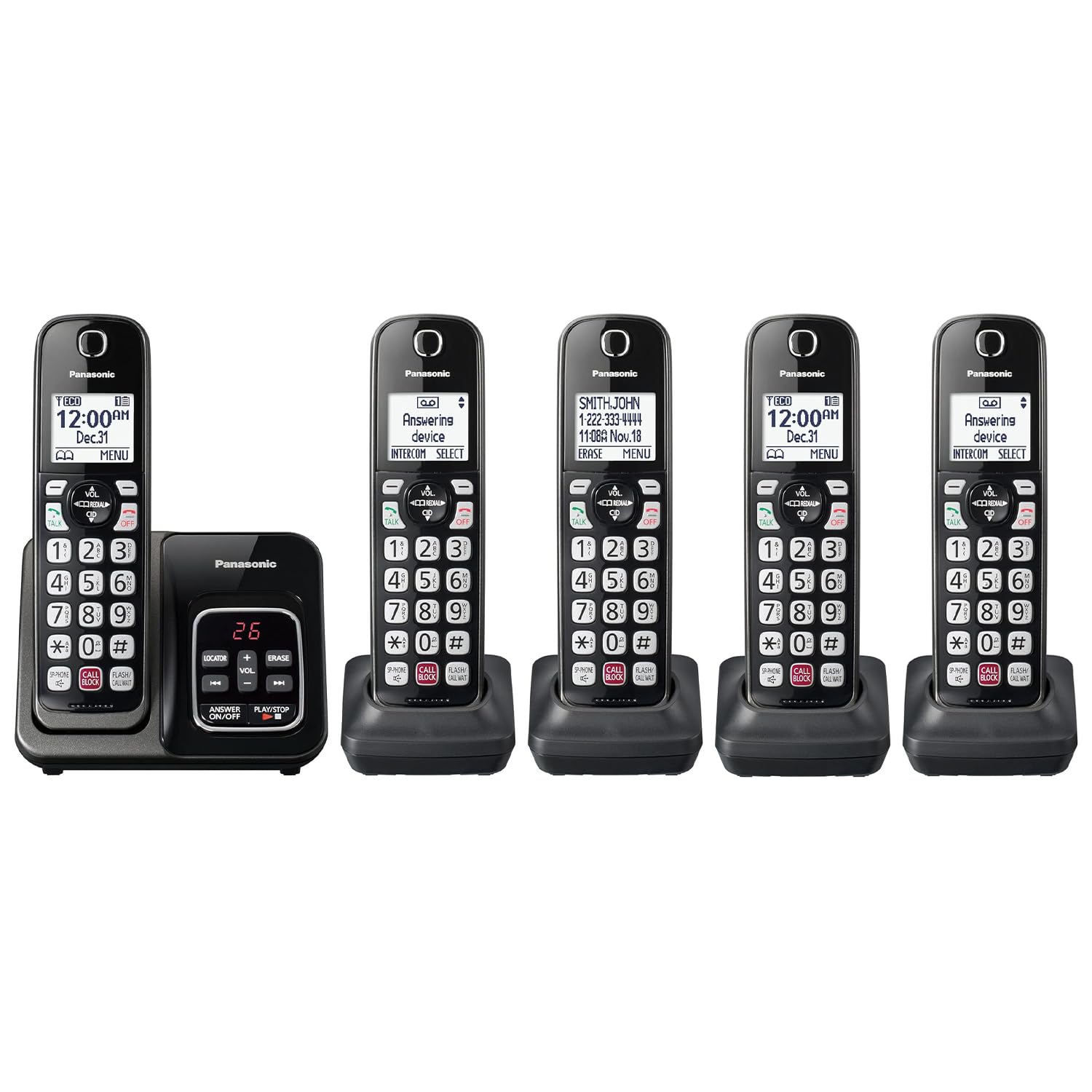 Panasonic Cordless Phone Bundle with Answering Machine, Advanced Call Block, Bilingual Caller ID and High-Contrast Display, Expandable System with 5 Handset Cordless Telephones
