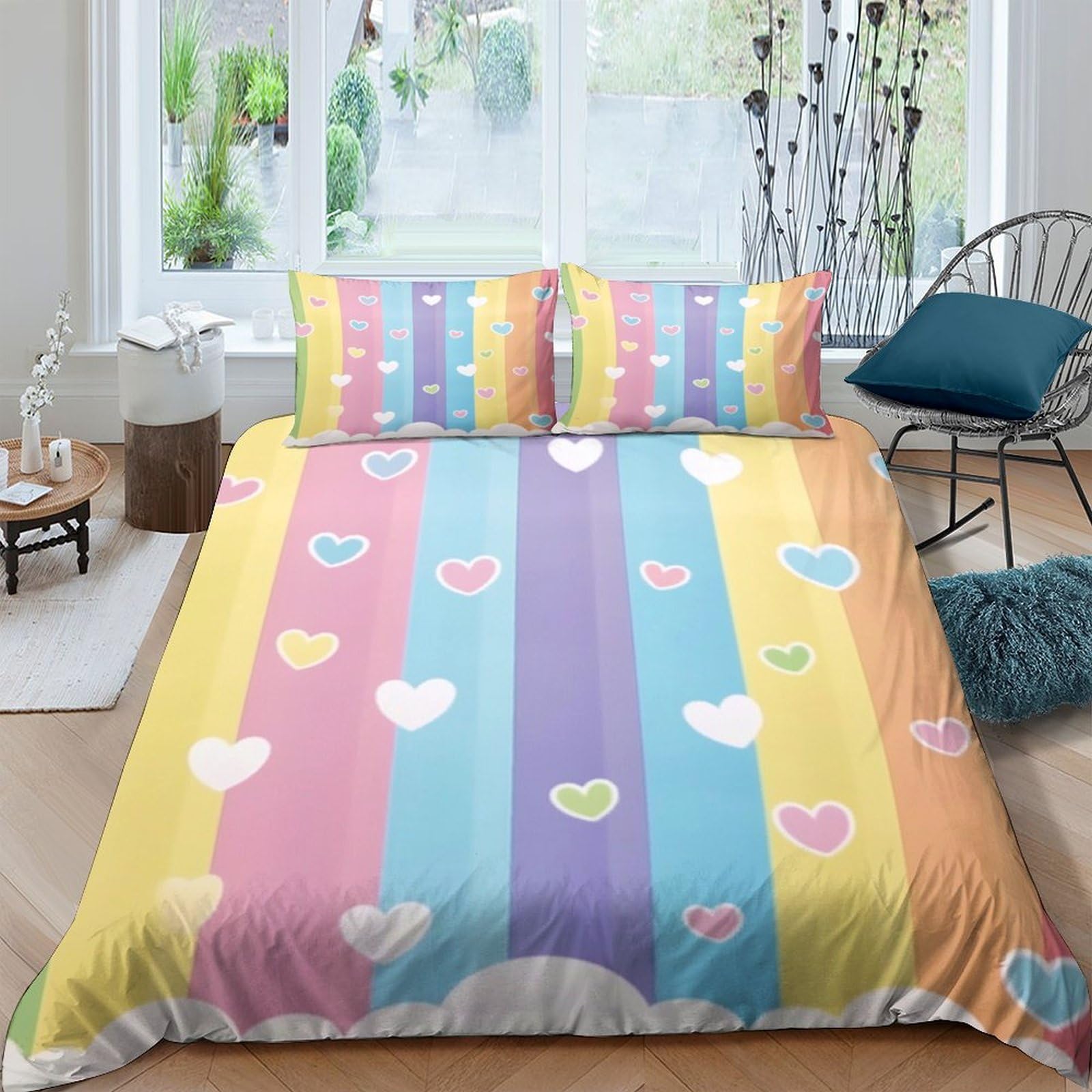 Ctjqhvkz Style-5 3D Printed Rainbow Stripe Fitted Sheet Microfiber Soft Heart Pattern Bed Cover For Bedroom Guest Room Easy Care Single（135X200cm）