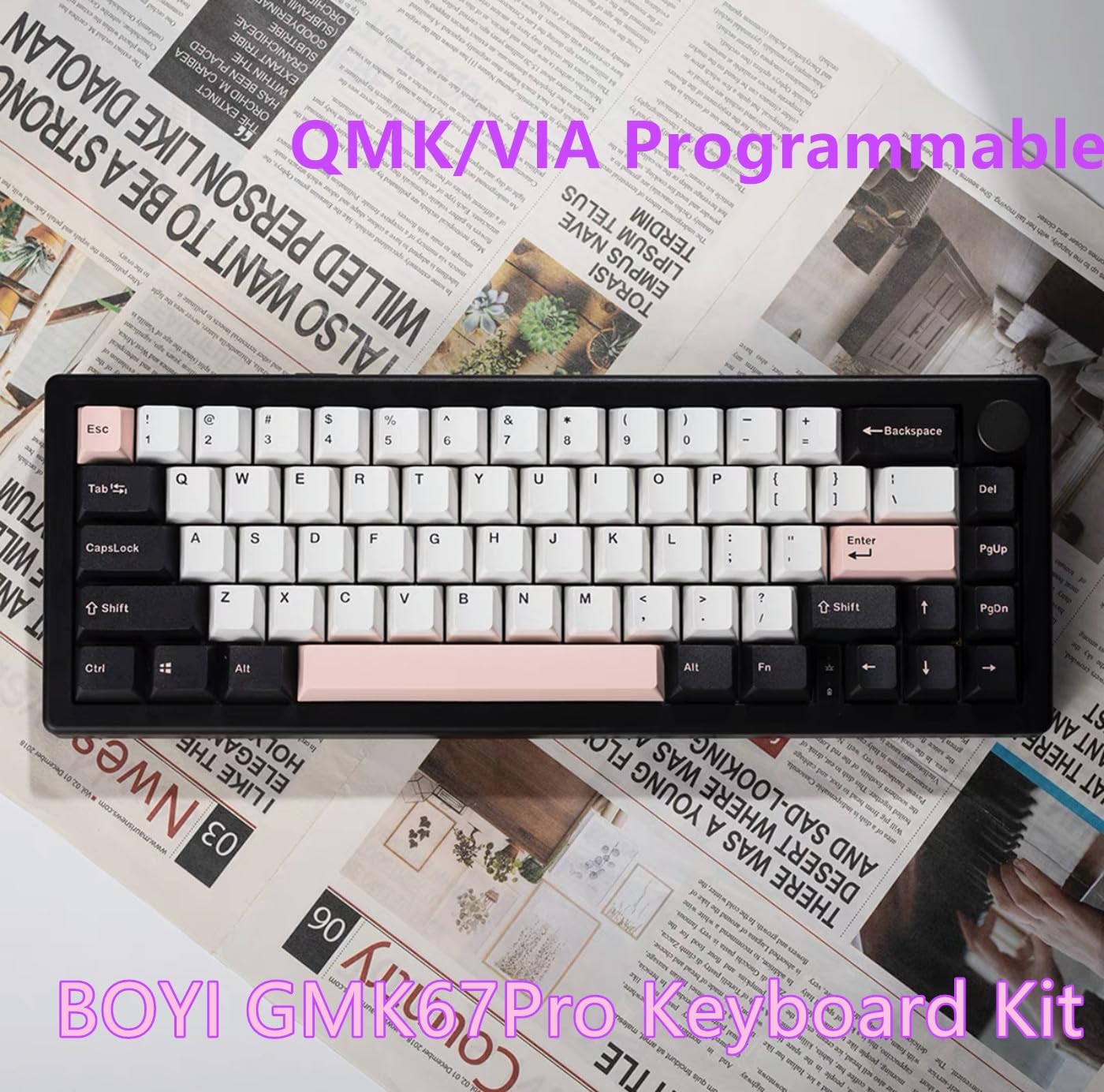 BOYI GMK67Pro Keyboard Barebones Kit,QMK/VIA Programmable BT5.0/2.4G/Type-C Tri-Mode Wireless RGB Gasket Mounted 65% Mini Custom RGB Mechanical Keyboard with Knob DIY Kit(Black)