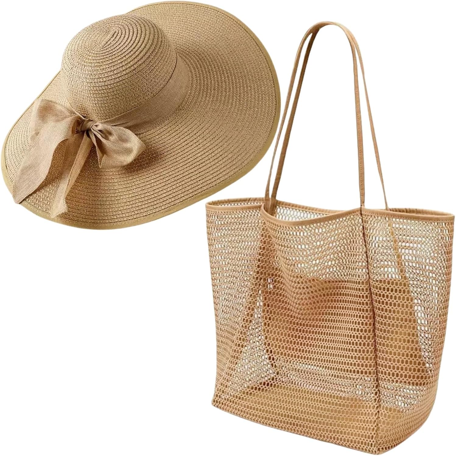 Women Straw Bag and Hat Set, Large Straw Beach Bag, Wide Brim Floppy Beach Hats,Breachim Roll up Cap Tote Bag Set