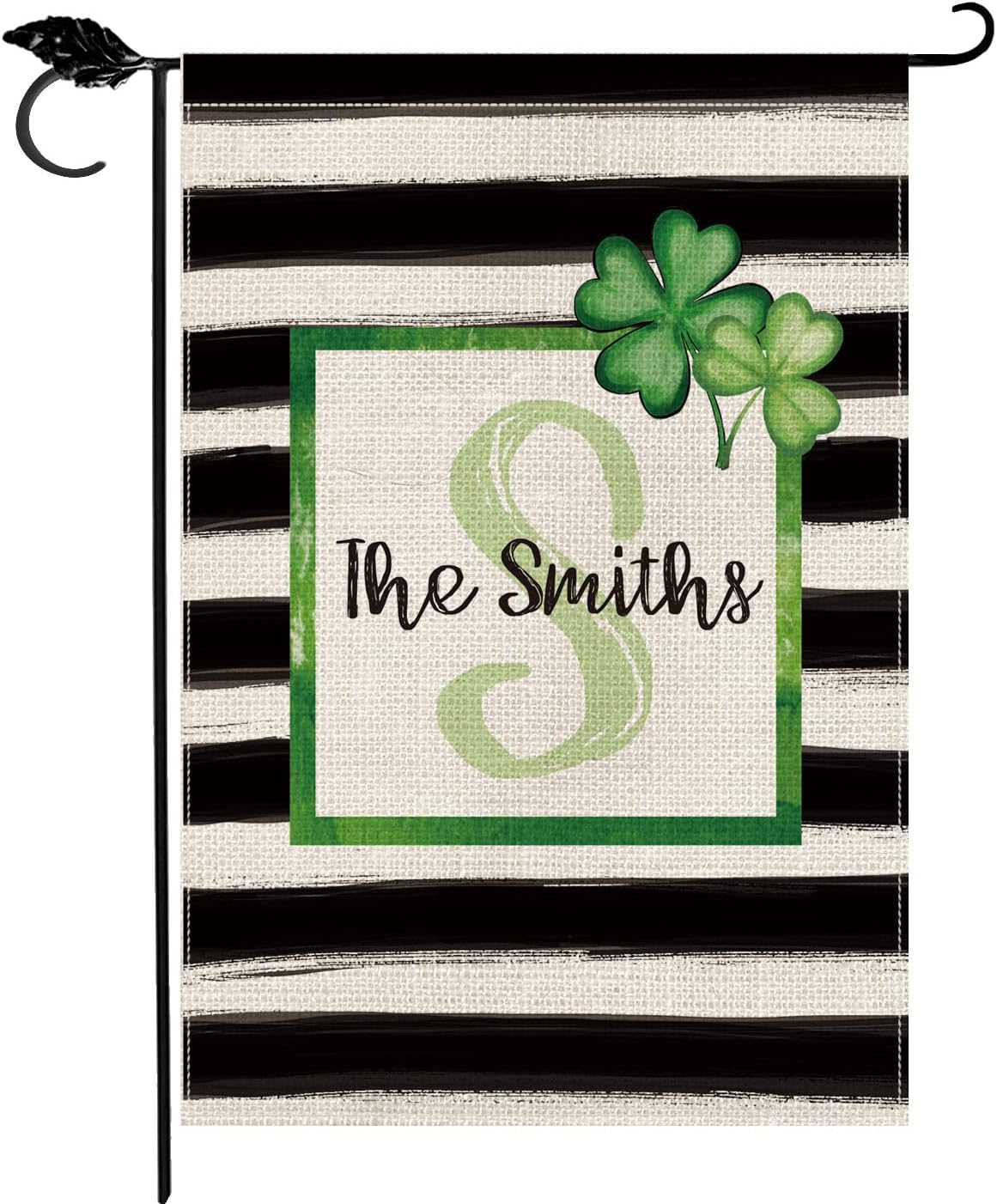 Smile Personalized St Patricks Day House Flag, Shamrock Clover Custom Monogram Initial Family Last Name Stripe, Double Sided 28 x 40 Inch Rustic Farmhouse Burlap Yard Outdoor Decoration