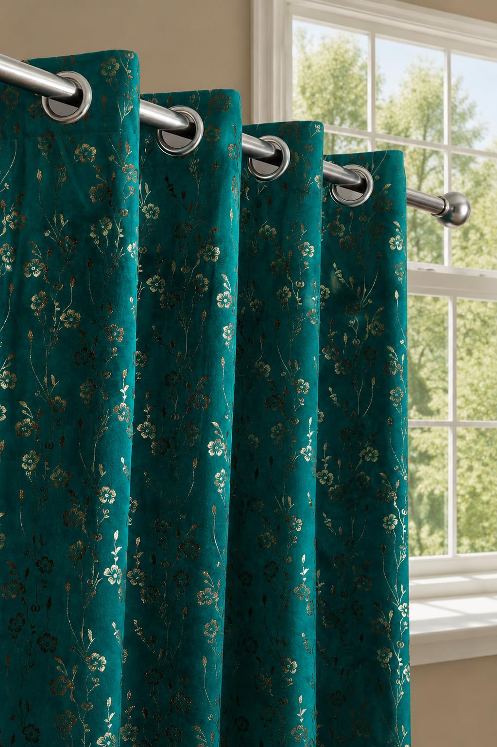 Velvet Golden Foil Flower Pattern Curtains 5 Feet Long Pack of 1 pc, Turquoise-image-46