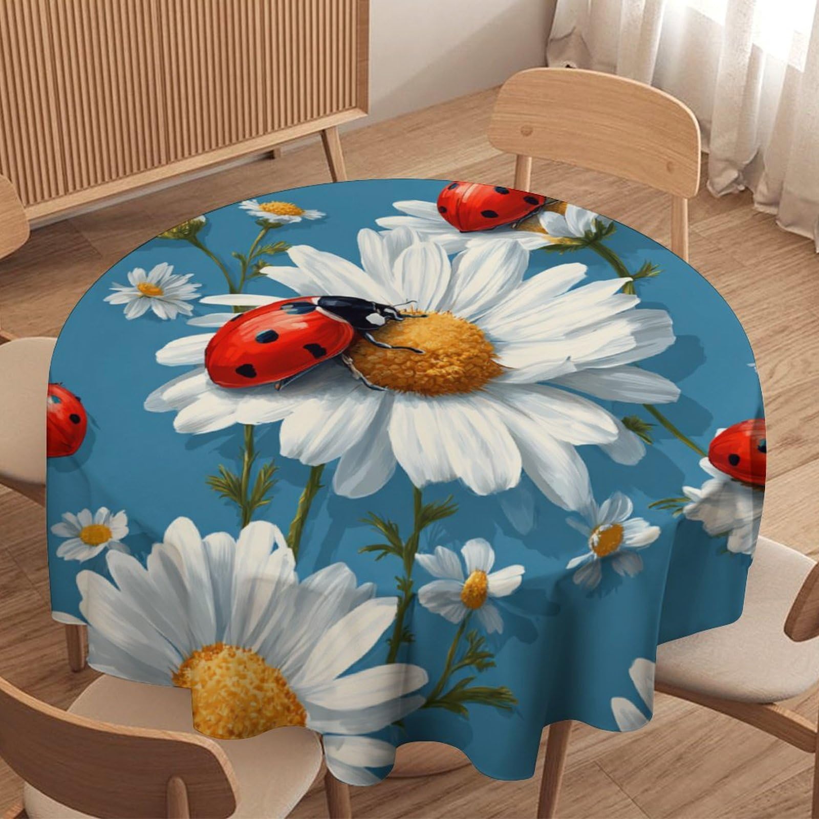 LUYYSKY Funny Minimalist Daisies Floral Round Tablecloth Beautiful Watercolor Animal Ladybugs White Daisies Flowers Washable Decor for Table Cover for Kitchen-127 Wx127 L cm