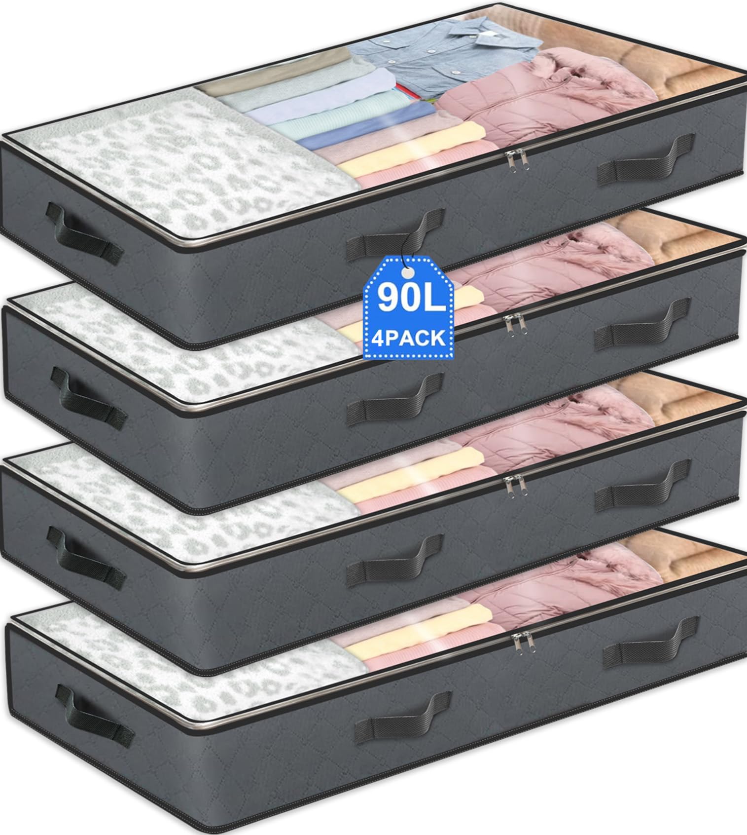 4 Pack Under Bed Storage, 90L Collapsible Closet Containers Organizers and Under Bed Storage Bins, Underbed Storage Bags for Wrapping Paper, Blanket, Towels, Clothes, Comforter, Sweaters, Linen Sheet