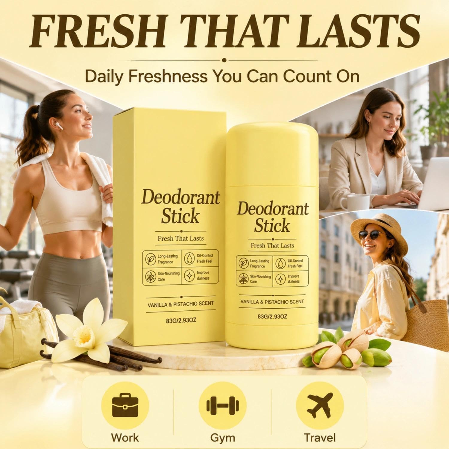 Stick Deodorante Alla Vaniglia E Pistacchio,Formula Liscia E Non Appiccicosa Per La Cura Quotidiana Delle Ascelle,Deodorante Unisex Con Sensazione Di Freschezza,83 G / 2,93 Oz(3PCS)