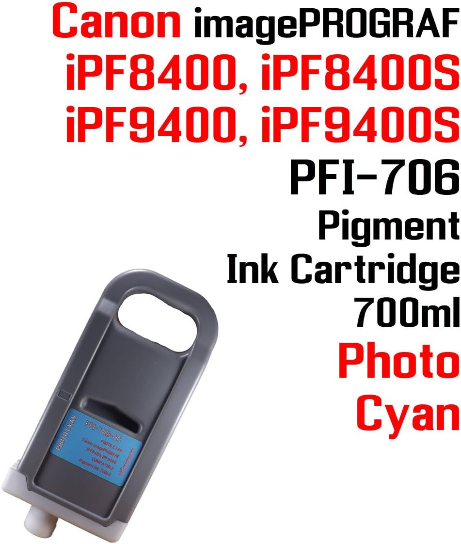 PFI-706PC Photo Cyan ink cartridge - Canon imagePROGRAF iPF8400 iPF8400S iPF8410 iPF8410S iPF9400 iPF9400S iPF9410 iPF9410S PFI-706 Compatible Pigment Ink Cartridge 700ml 100% compatible ink
