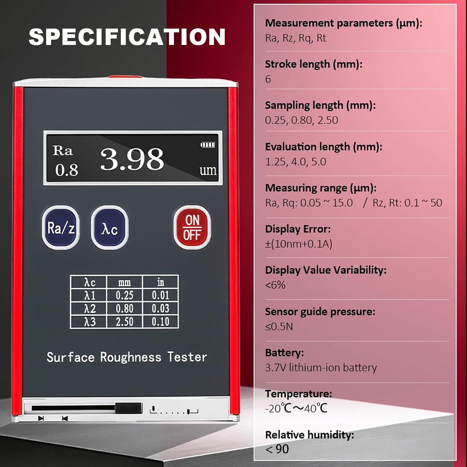 Misuratore del tester di rugosità delle superfici, profilo digitale per la misurazione di rugosità di superficie Ra 0.05 a 15.0um, Rz 0.1 a 50um, visualizzazione in tempo reale