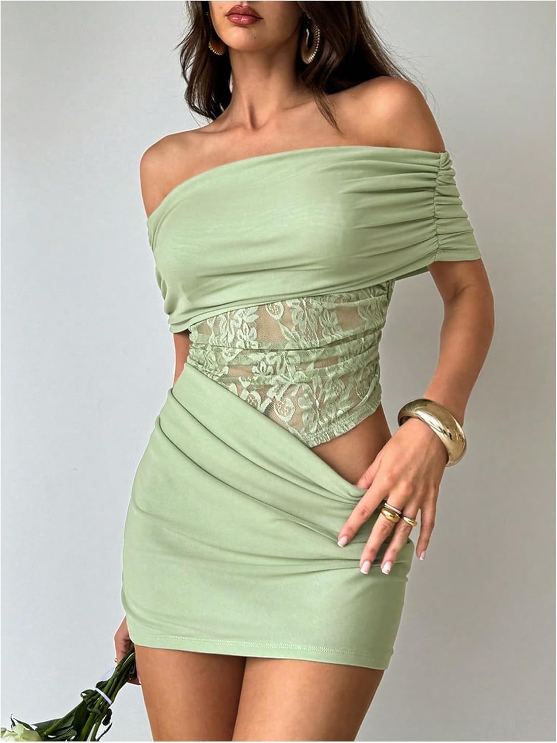 Floerns Women's Off Shoulder Mini Dress Ruched Cut Out Lace Party Club Bodycon Dresses - Image 4