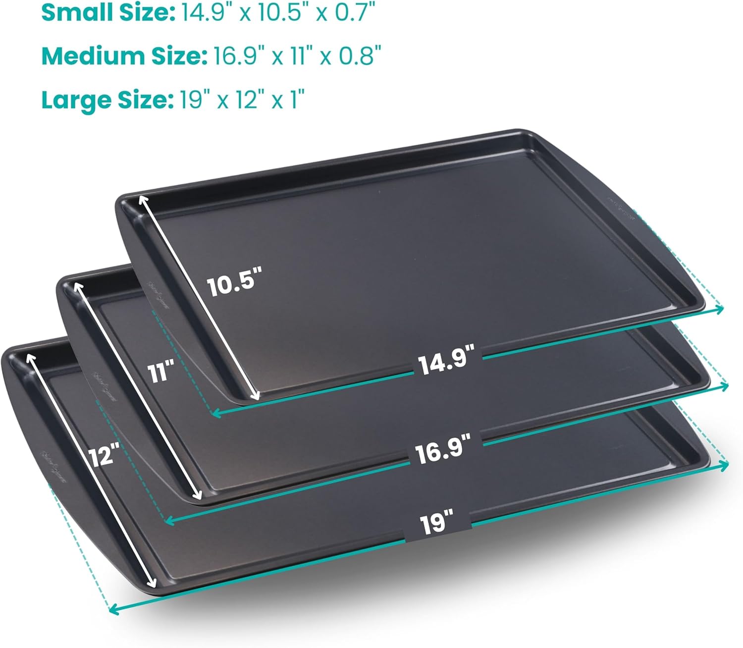Baker's Secret Set of 3 Cookie Sheets, 15" 17" 19", Nonstick Coating for Easy Release, Cookie Trays for Baking Roasting Cooking, Dishwasher Safe Premium Non-stick Coating Home Baking Supplies
