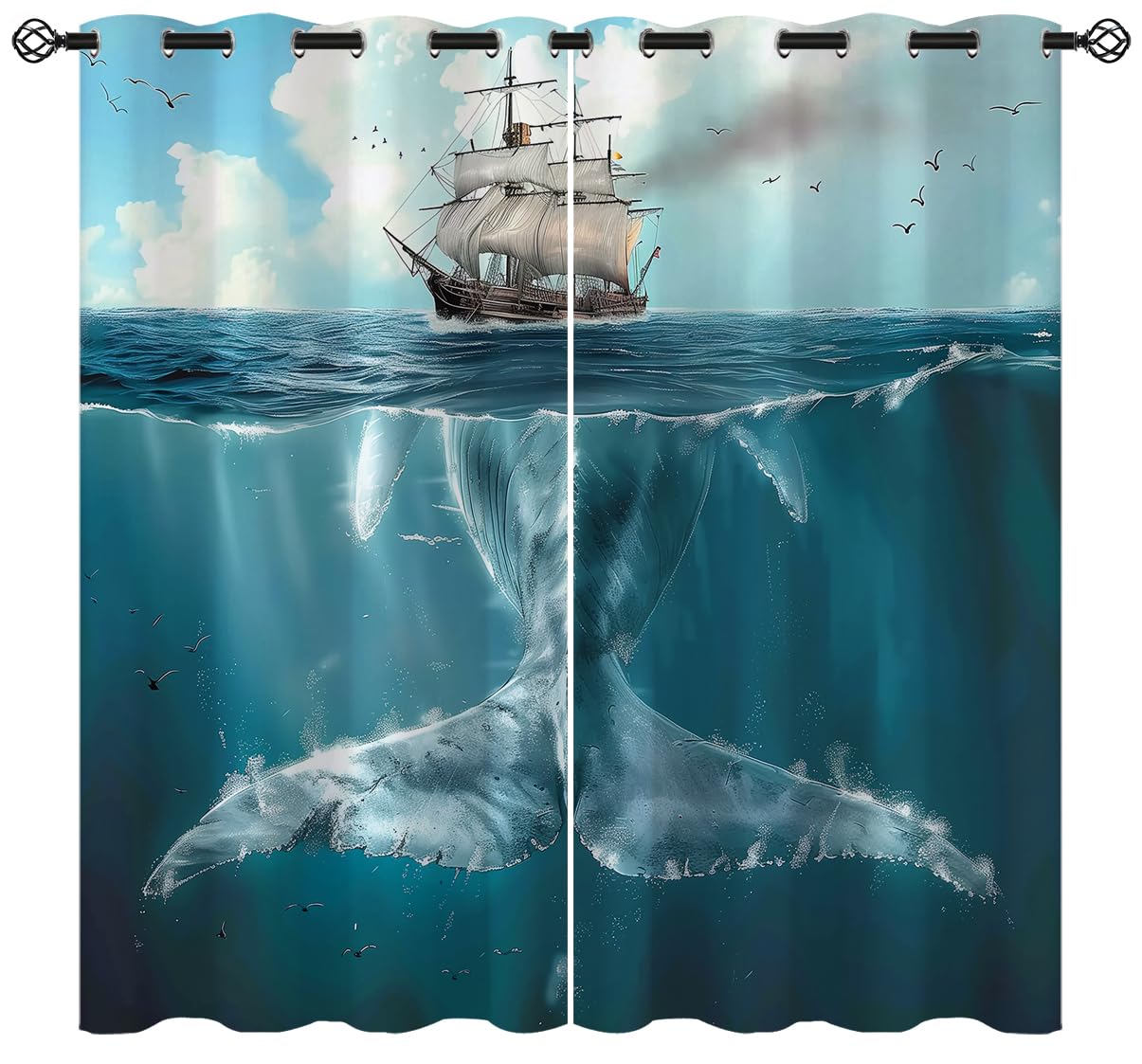 ONINUO Ocean Whale Blackout Curtains for Girls Boy Home Decor, Nautical Underwater Sea Animal Fish Grommet Thermal Insulated Drapes Darkening Window