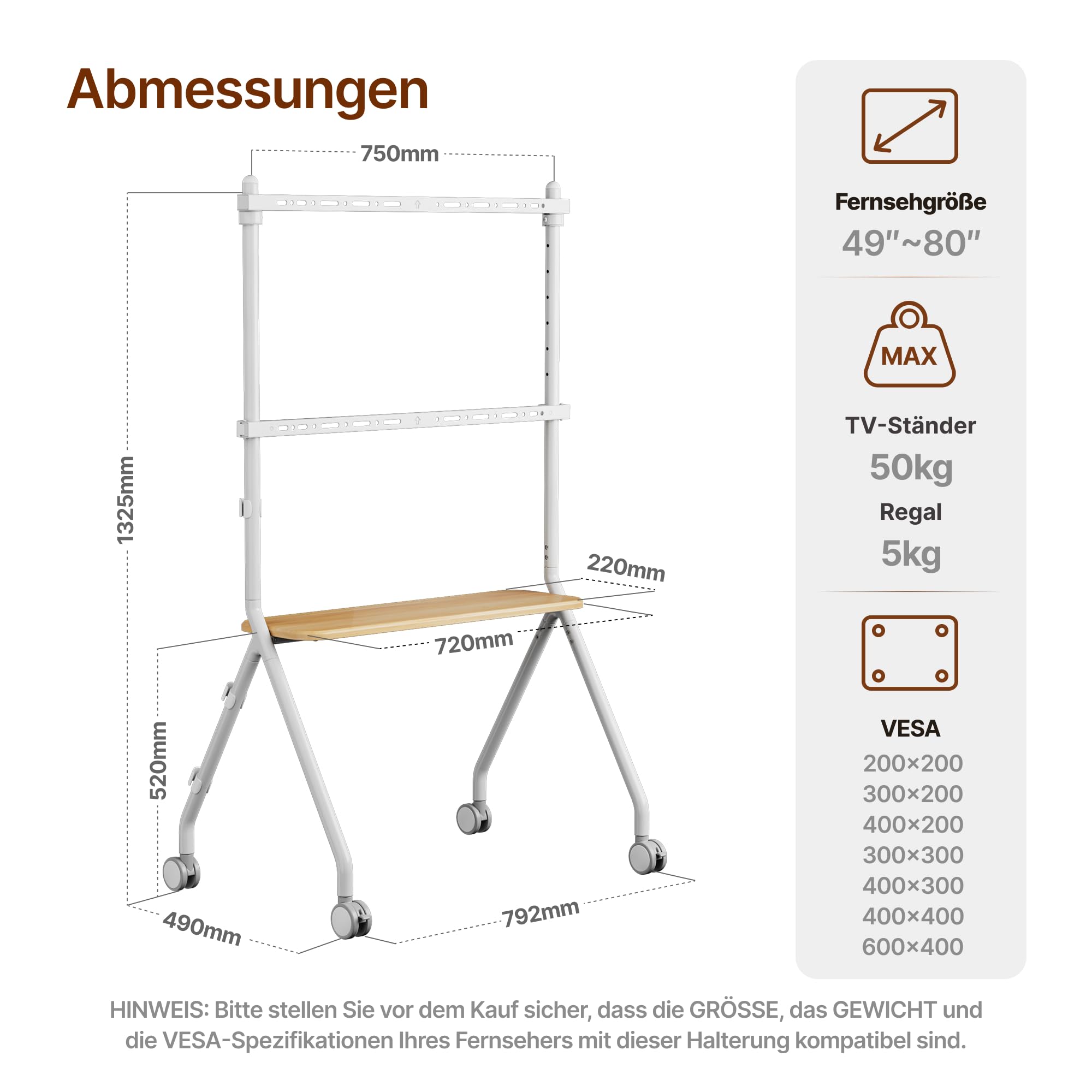 TV Ständer mit Rollen für 49-80 Zoll Fernseher bis 50 kg, Weiß | Höhenverstellbar und Schwenkbar Staffelei, Mobiler TV-Wagen mit Holztablett, Max.VESA 600*400MM, für Büro, Schule und Heim