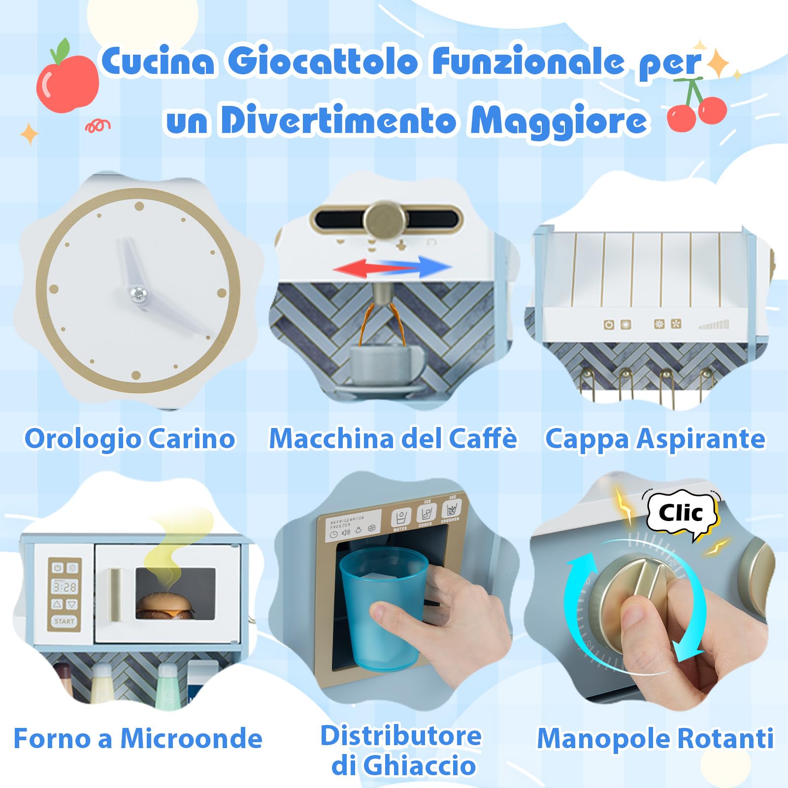 COSTWAY Cucina Giocattolo per Bambini, Cucina Legno per Bambini con Macchina per Ghiaccio, Caffettiera e Accessori, Gioco di Finzione per Piccoli Cuochi 3-6 Anni, 84 x 30 x 90 cm