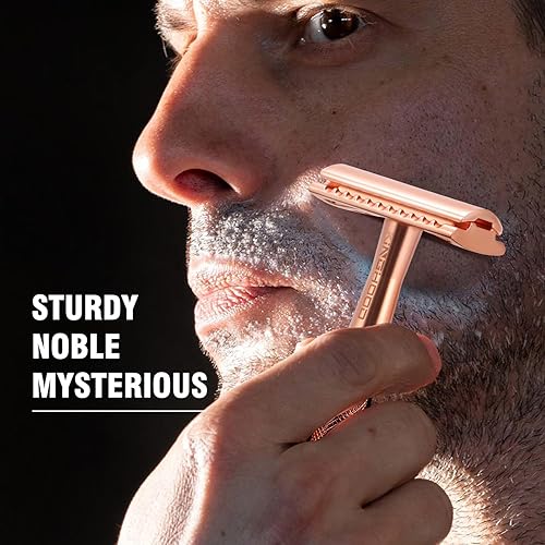 Miniatura 2 de Maquinilla de afeitar de seguridad para hombres con 10 cuchillas de doble filo de metal, reutilizables, ecológicas, color oro rosa