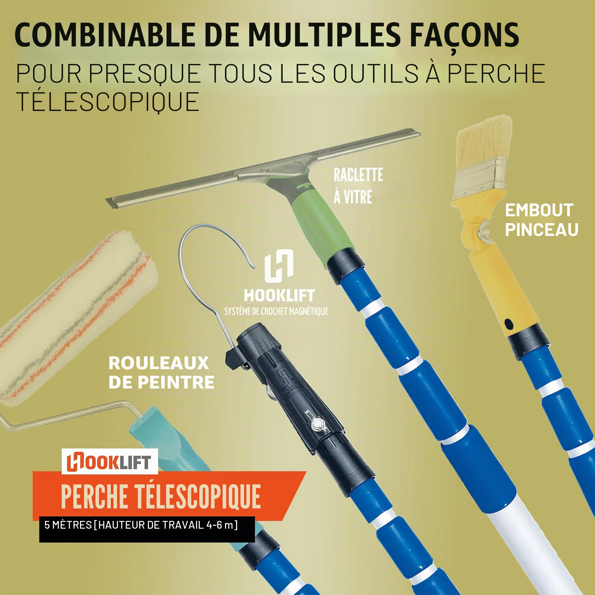 La plus courte barre télescopique en aluminium de 5 m avec adaptateur, réglable en continu de 154 à 505 cm ; idéale pour le nouveau système de crochets magnétiques et pour d'autres