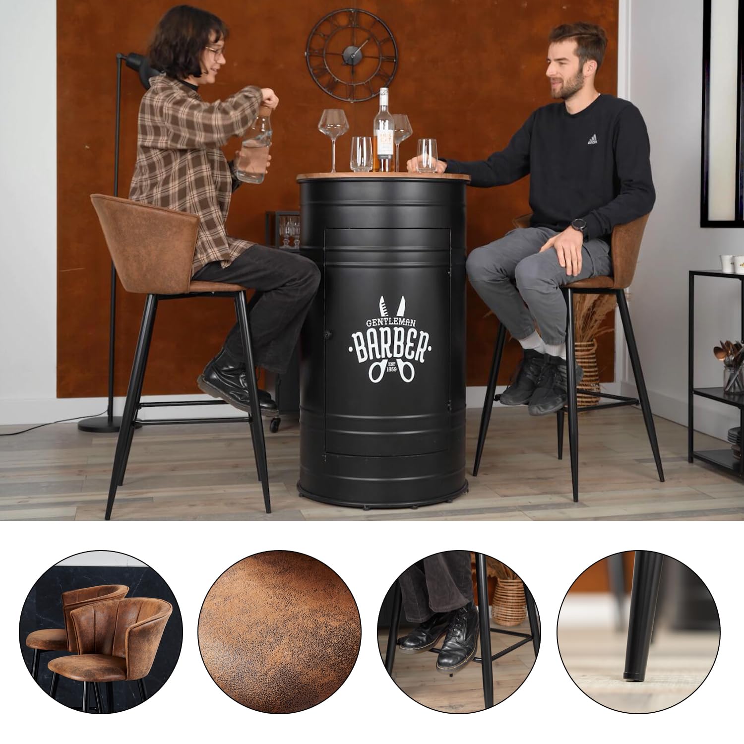 MEUBLE COSY Juego de 2 Taburete de Bar con Respaldo, Apoyabrazos y Reposapiés Sillas Tapizados de Gamuza Vintage Industrial Asiento de 72 cm de Altura para Cocina, Bar, Comedor, Marrón