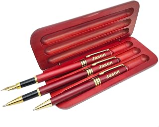 Customized Wooden Ballpoint Pen Gift Set with Name, Personalized Wood Pen Set with Engraved Wooden Gift Box, Custom Gift for Men and Women (3 Pcs)