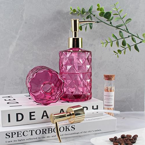 Miniatura 5 de Dispensador de jabón con bomba, dispensador de jabón con patrón de diamante para encimera de cocina, baño, accesorios de baño rosa intenso (paquete