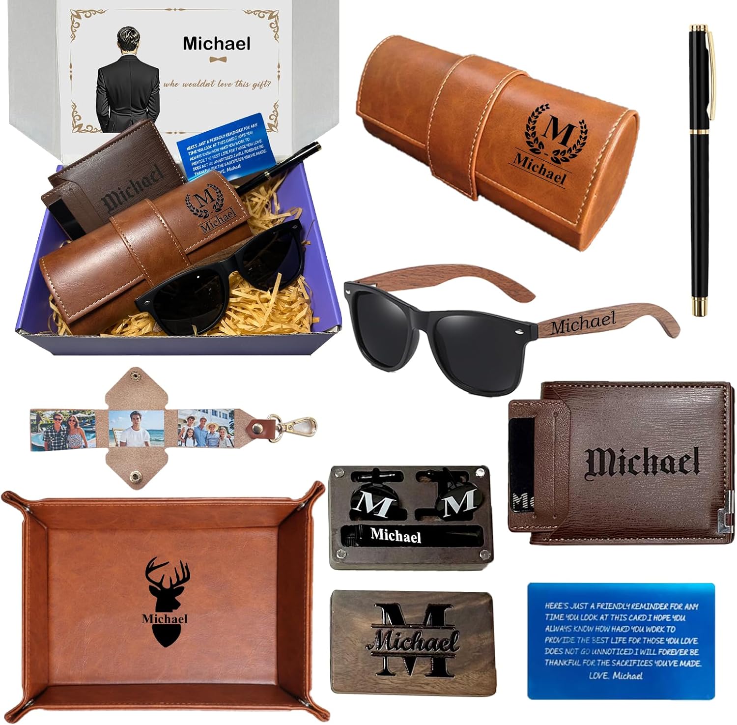 Personalized Gift Set with Box for Men, Gift for Groomsmen, PU Leather Wallet, Sunglasses with Leather Box, Wallet Card, Pen, Gift for Men, Birthday for Him Gifts for Dad, Boyfriend, Husband, Brother