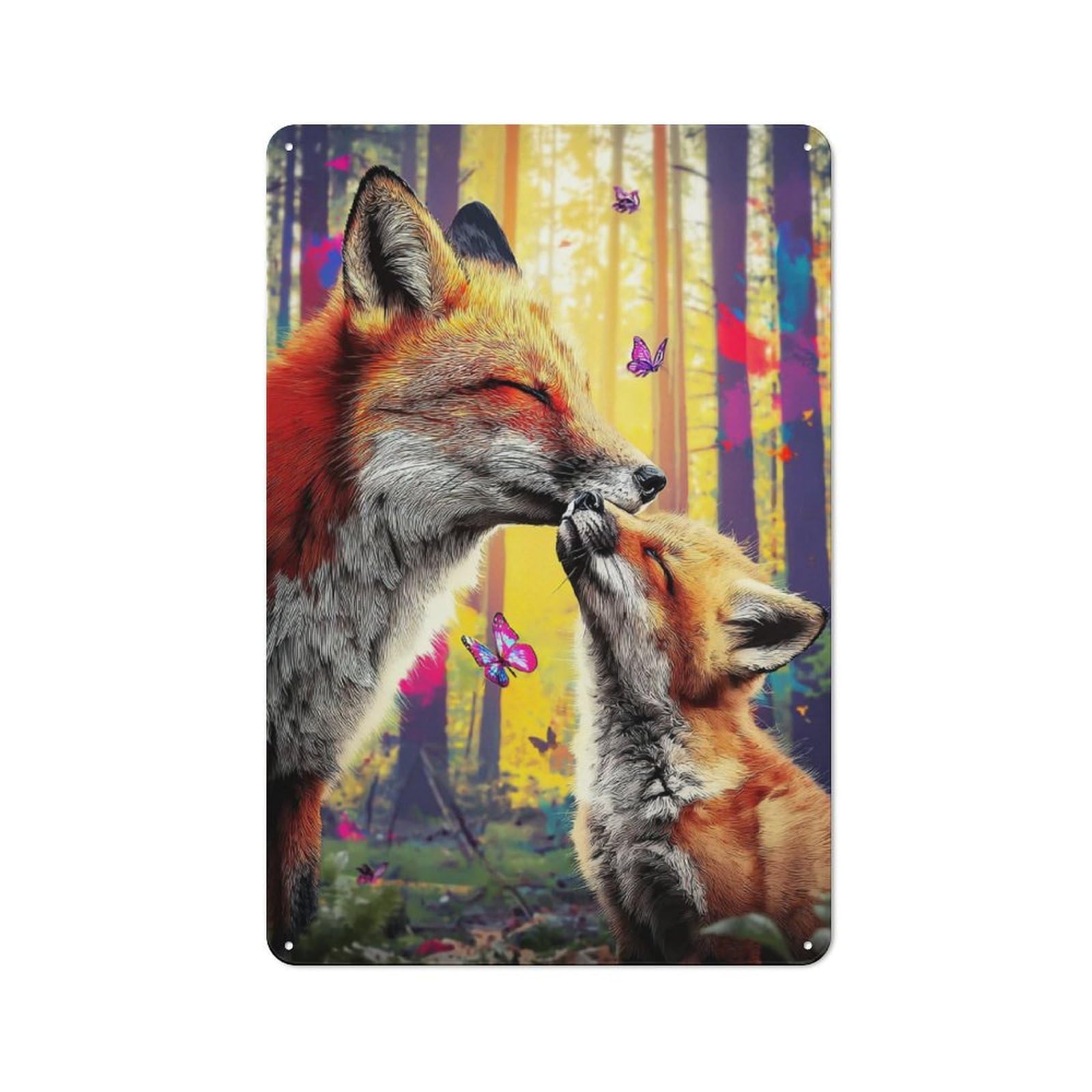 Junmoney Foxes In A Colorful Forest -2 Vintage Metal Sign 30X20cm For Lounge Or Reading Corner, For Garage, Workshop And Man Cave Decoration