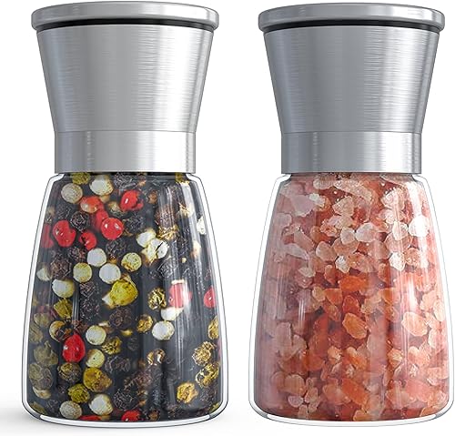 Miniatura 1 de Ebaco Salt and Pepper Grinder Set - Refillable Grinder Adjustable Coarseness of Pepper Salt Spice Stainless Steel Mills Glass 6oz2 Pack