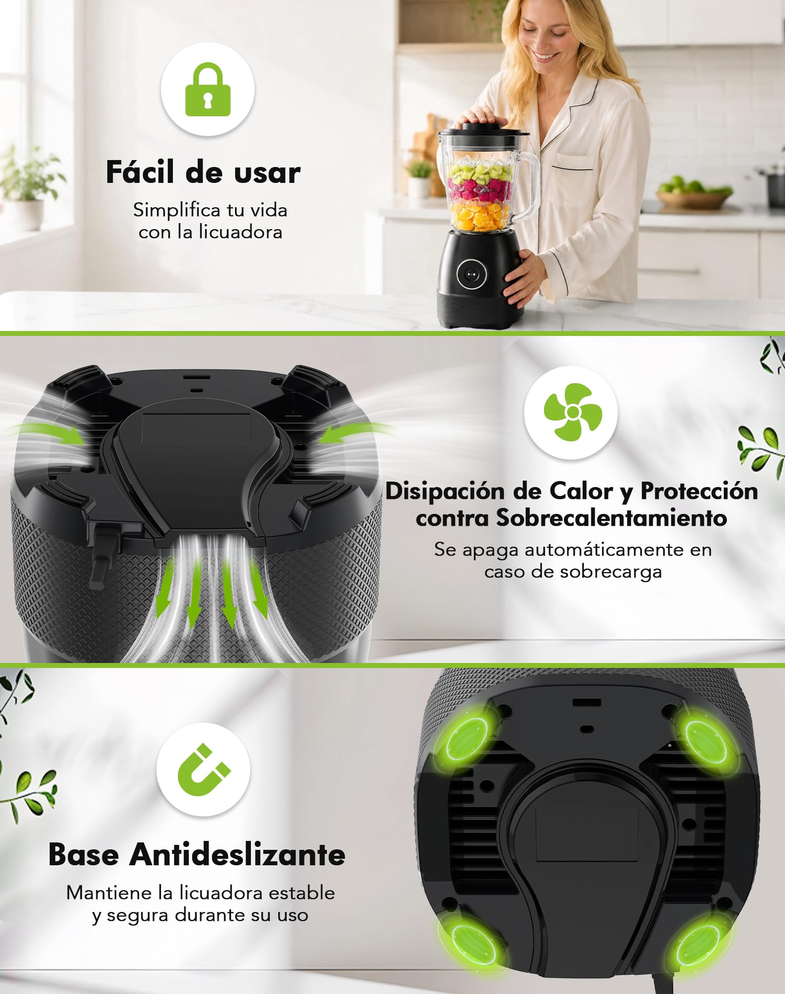 Batidora de Vaso, 1500W Batidora Smoothies, Vaso Batidora con Jarra de Vidrio 1,5L y Botella Tritan 600ml sin BPA, Velocidad Ajustable y Cuchillas de Acero Inoxidable, Licuadora para Zumos y Batidos