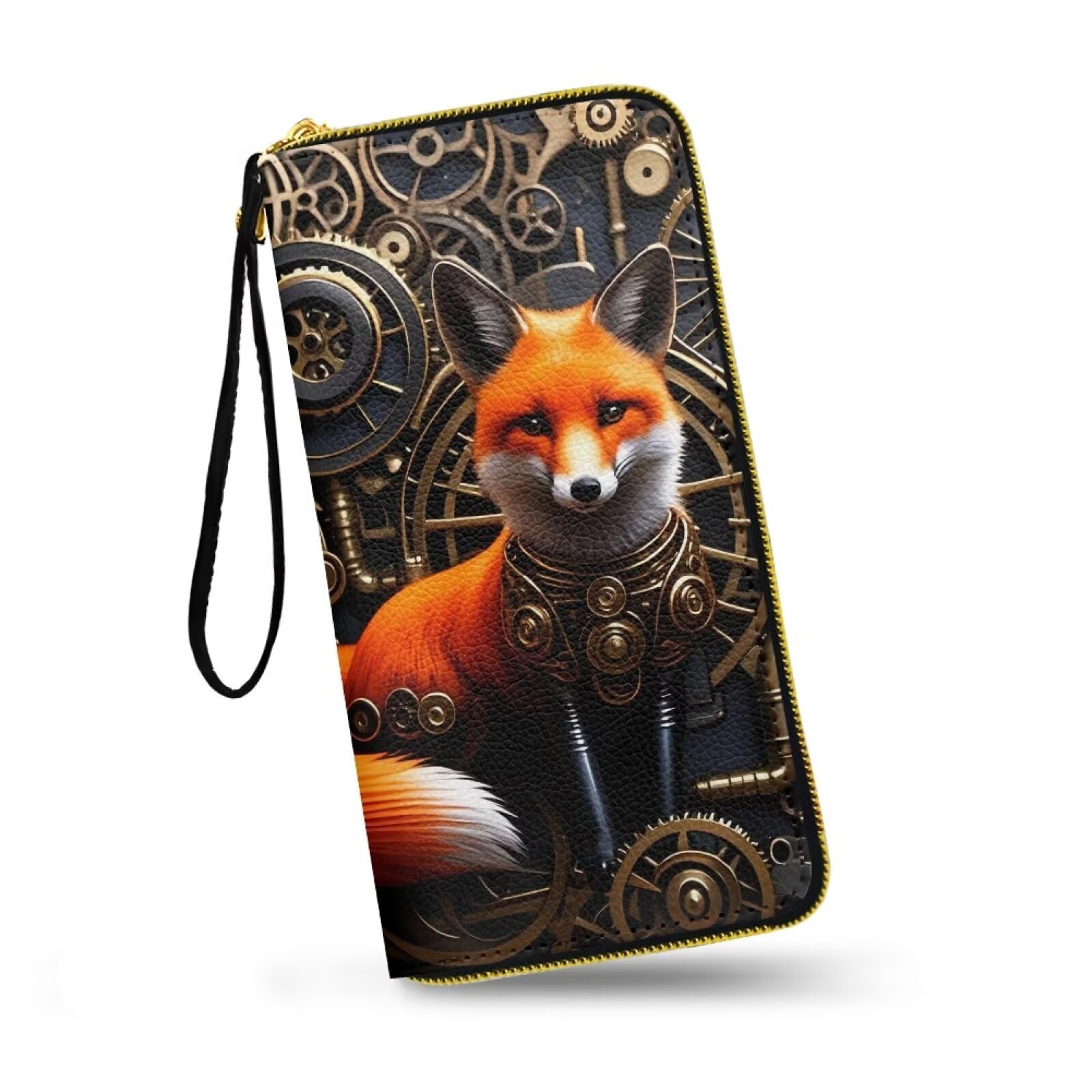Jolamirel Fox Print Women's Leather Zip Around Wallet Retro Victorian Steam Punk Slim Clutch Purse, Steampunk Mechanical Animal Printed Large Capacity Credit Card Holder