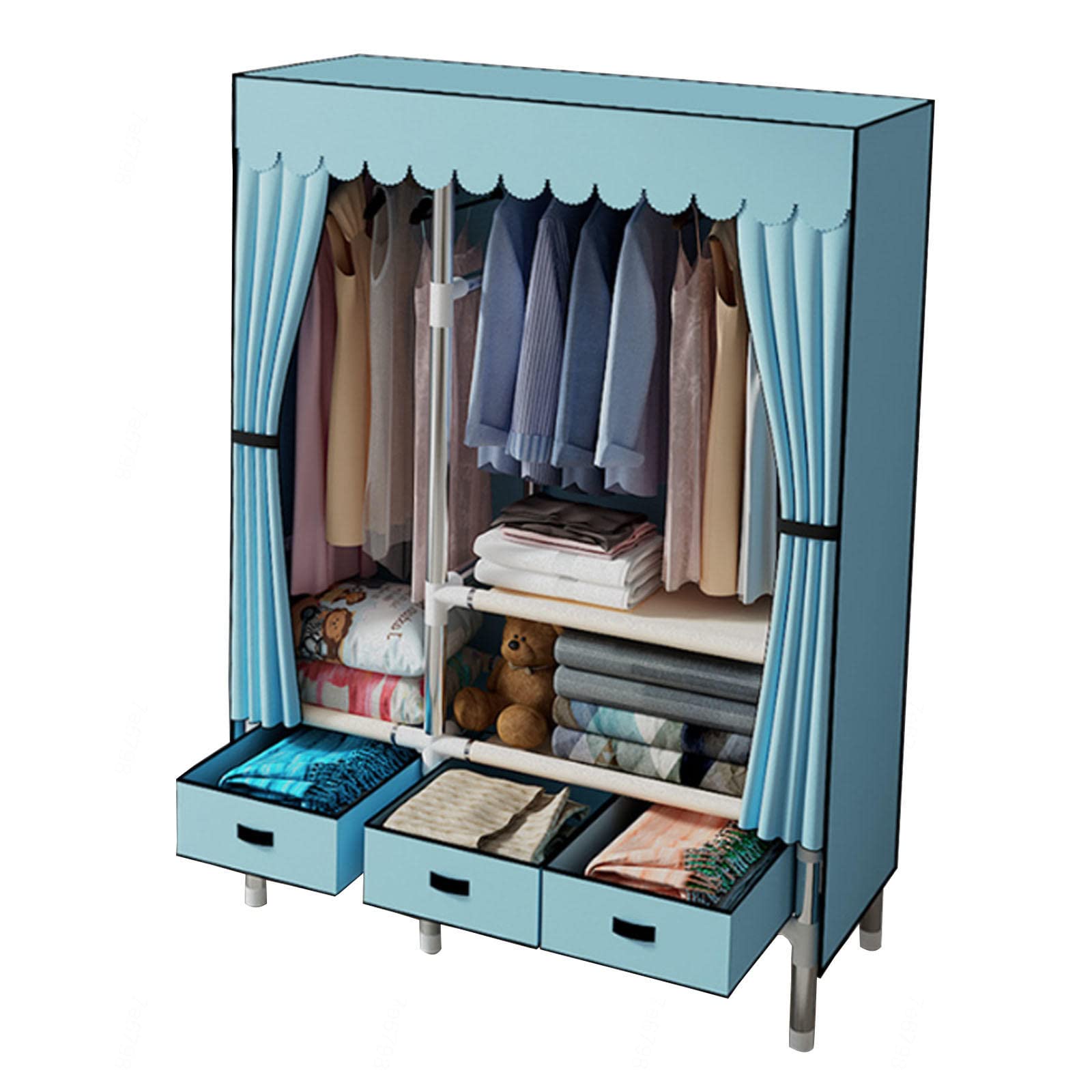 Armoire en toile contre le désordre placard bleu portable 105 cm avec penderie tissu