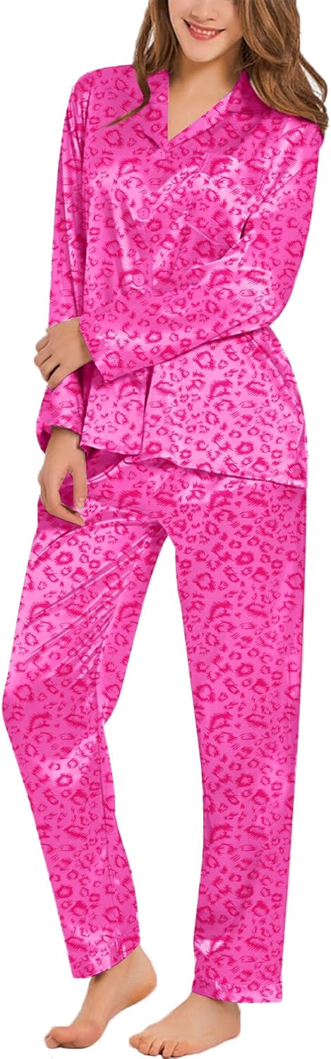 SWOMOG Long Sleeve Pajamas Set Silk Satin Sleepwear Button Down Pjs Loungewear with Pocket