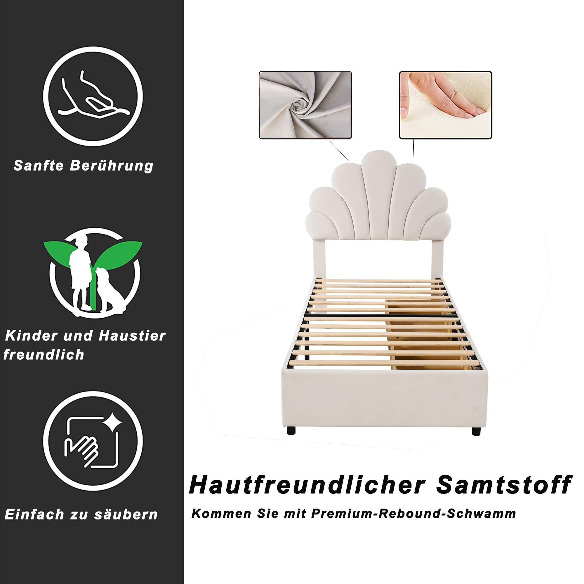 Dolamaní Jugendbett Mädchen Bett 90x200 cm, Höhenverstellbarem Kopfteil-geblümtem, Lattenrost Holz, 2 Schubladen mit Rollen, Polsterbett Sam Beige