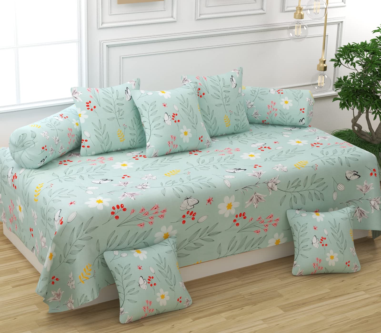 MANIQATEX Diwan Set 8 Pieces Pure Cotton Designer Printed Standard Diwan Bedsheet (1 Single Bedsheet, 2 Bolster Covers, 5 Cushion Covers) (Green) (B09X7DYDYF) Amazon Price History, Amazon Price Tracker