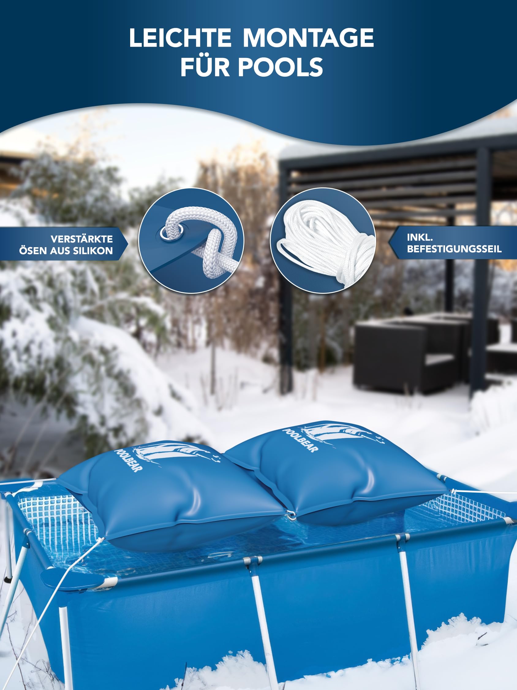PoolBear | 2X Poolkissen Winter 120x120cm Winterkissen XXL I Pool-Luftkissen mit Doppelnaht inkl Reparaturset I Überwinterung-Frostschutz-Kissen Poolpolster