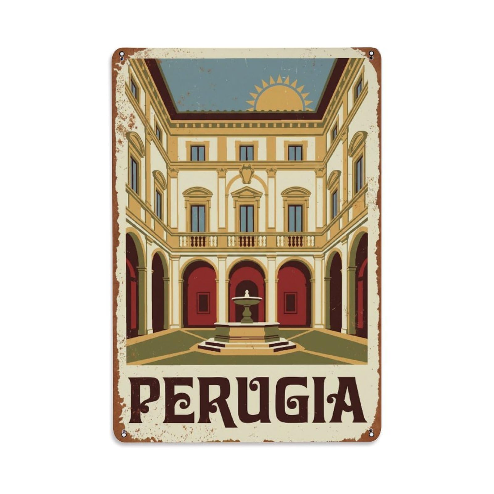 Vintage Travel Perugia Palazzo Donini Italy Metal Tin Sign Plaque Wall Decor for Cafe, Club Bar, Office, Home Garden Metal Poster 8x12Inch